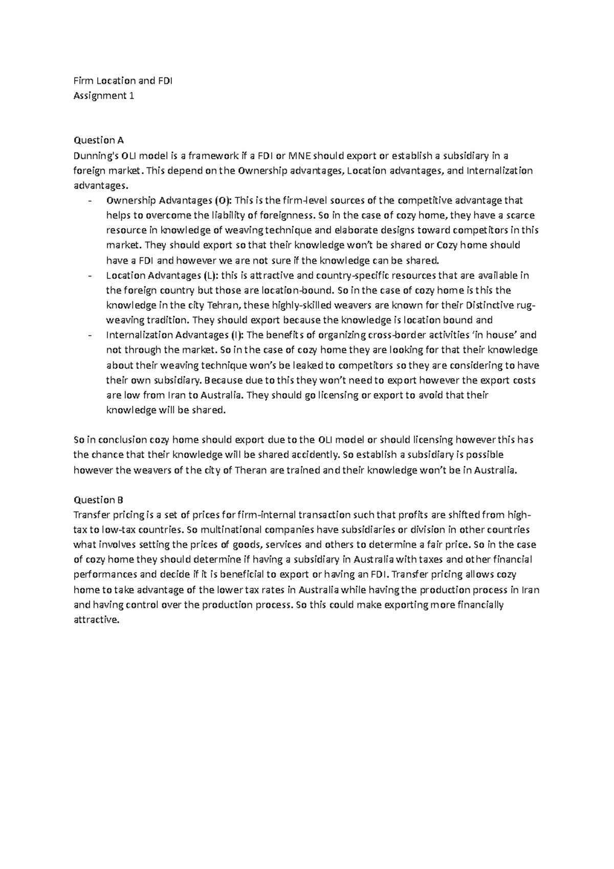 Assignment 1 FDI - Firm Location and FDI Assignment 1 Question A ...