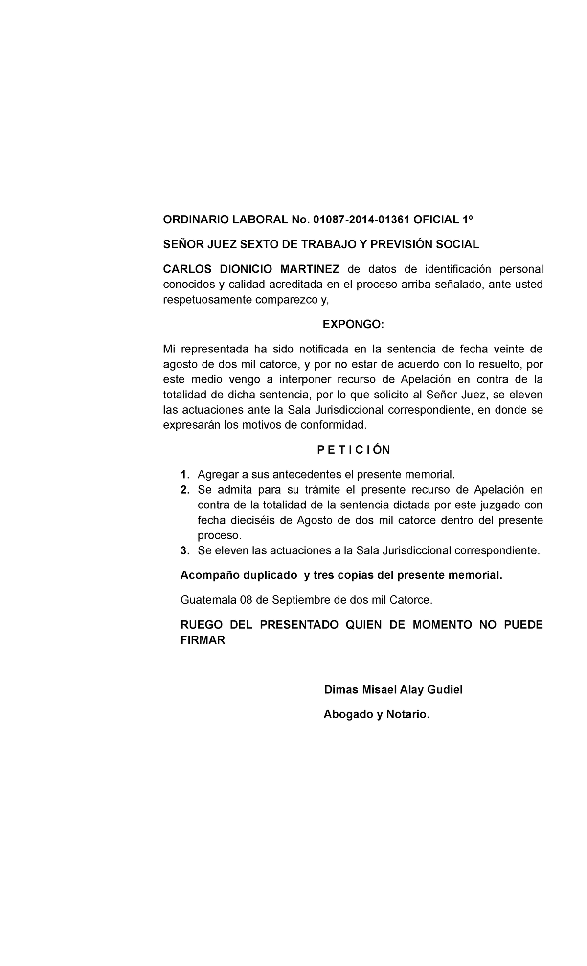 7 Recurso De Apelación En Materia Laboral 1 59 Ordinario Laboral No 01087 2014 01361 Oficial 9176