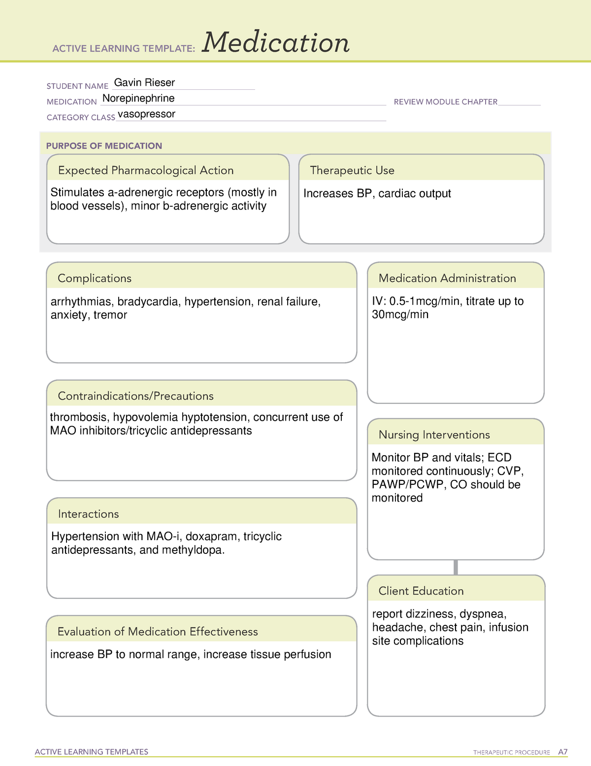 ATI medication norepinephrine ACTIVE LEARNING TEMPLATES THERAPEUTIC