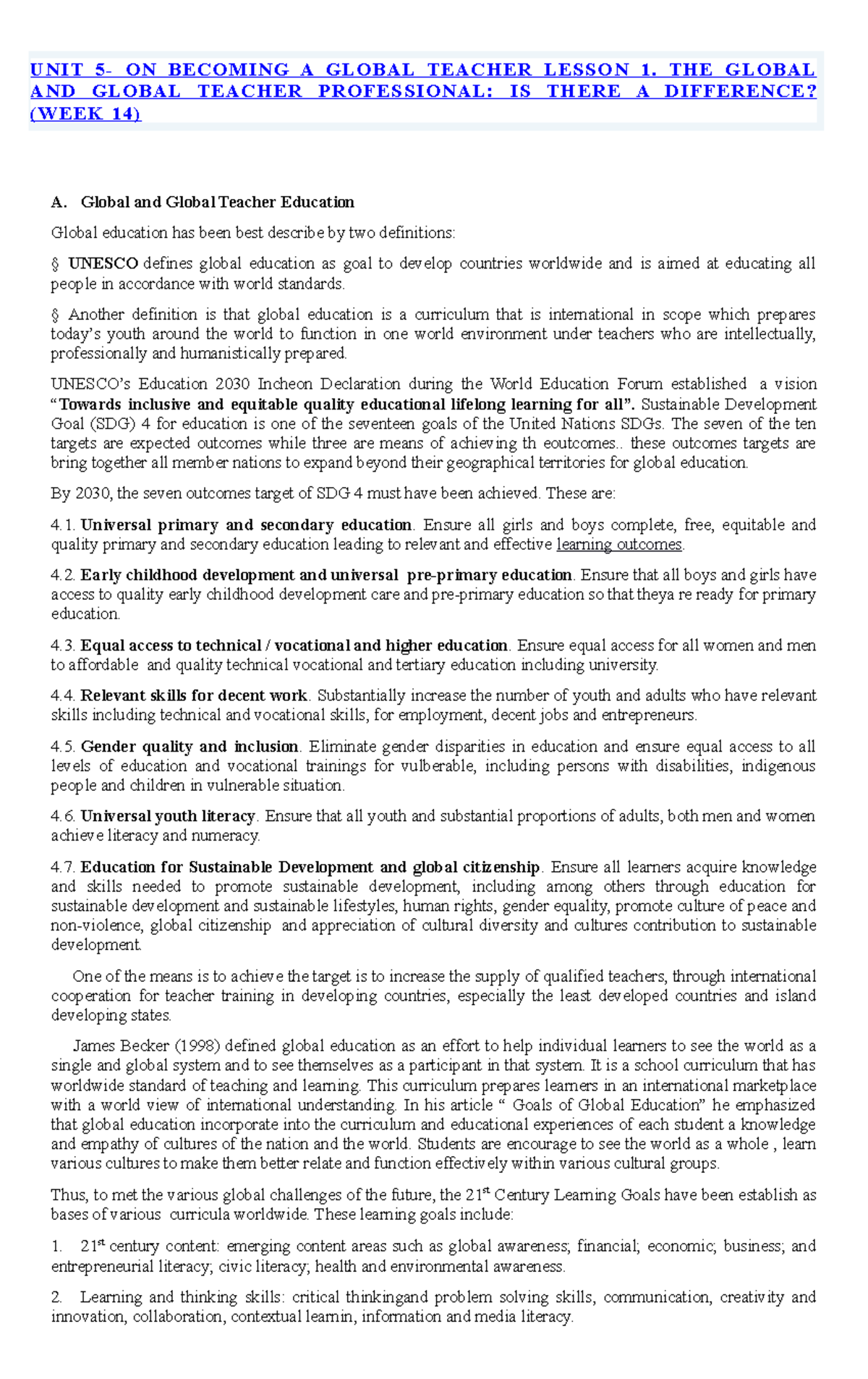 UNIT 5 - math - UNIT 5- ON BECOMING A GLOBAL TEACHER LESSON 1. THE ...