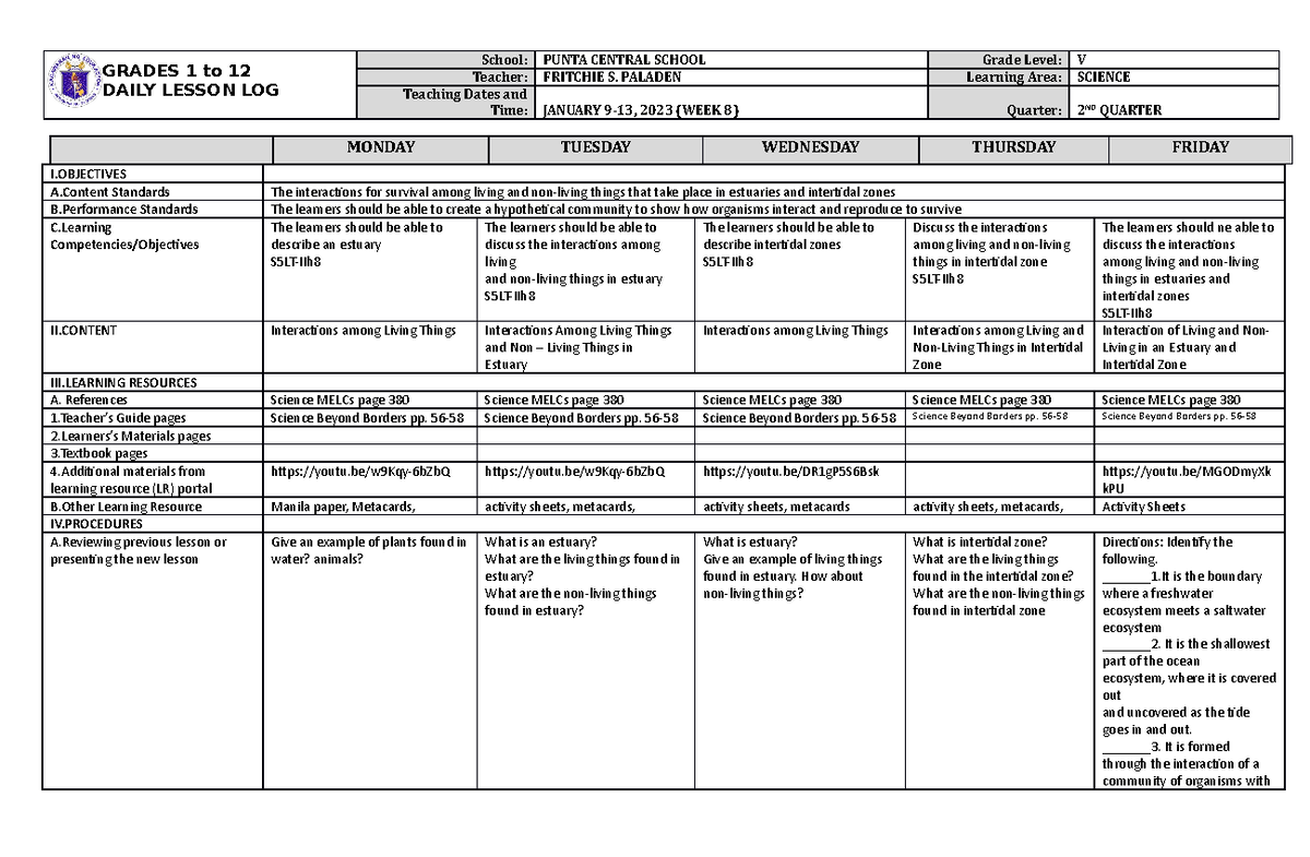 DLL Science 5 Q2 W8 - DLL - GRADES 1 to 12 DAILY LESSON LOG School ...