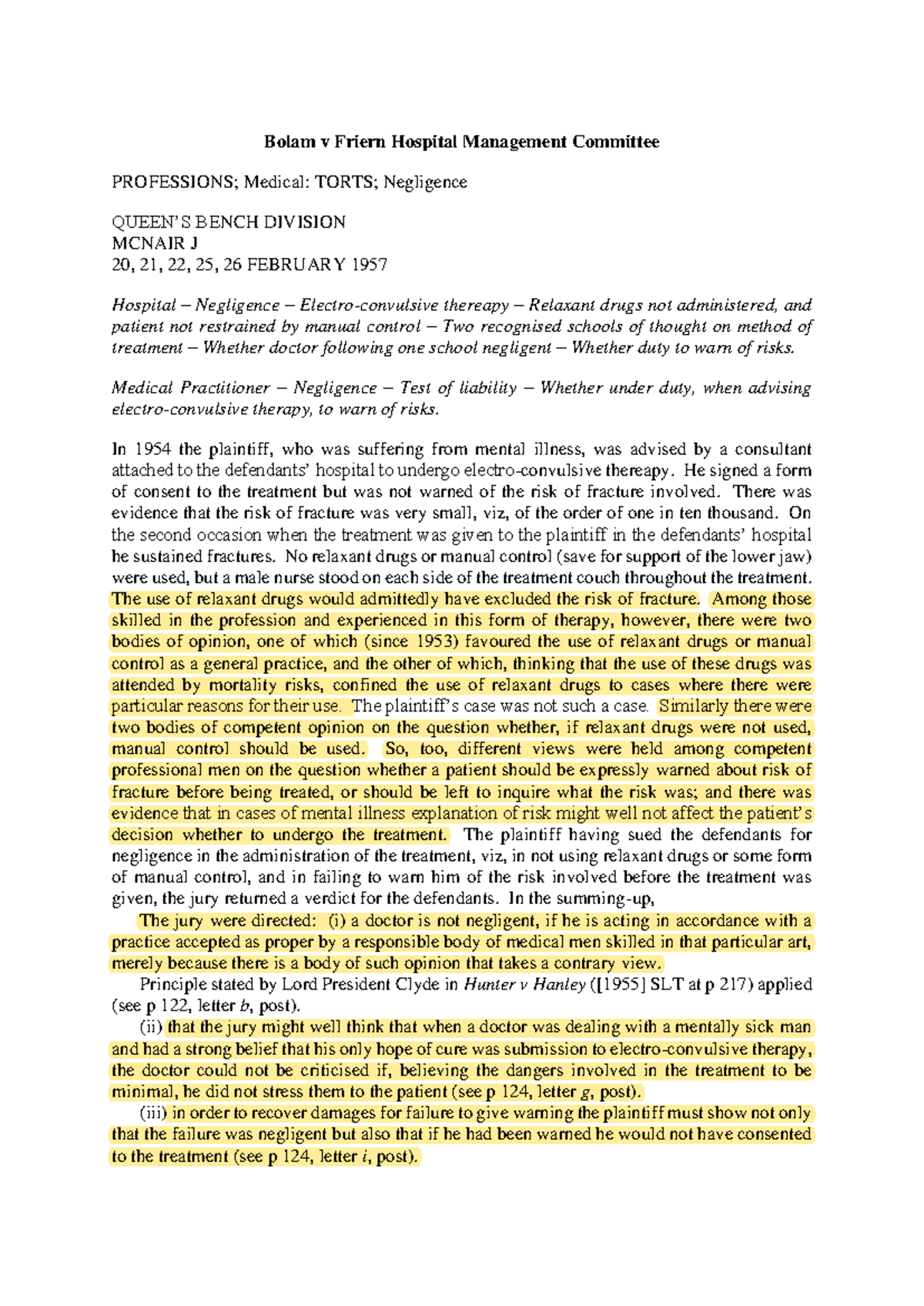 Bolam Full Case with Highlighted Considerations - Bolam v Friern ...