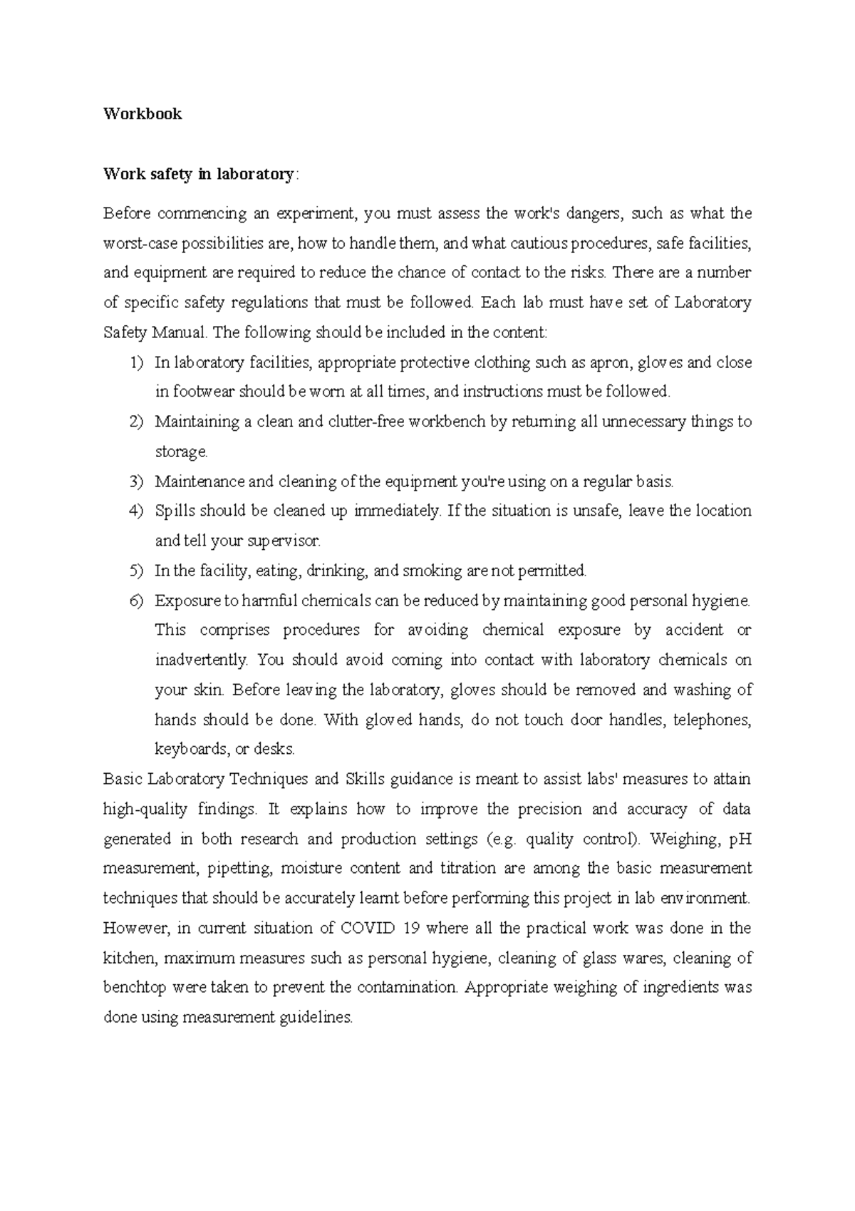 Workbook 2 - Workbook Work safety in laboratory: Before commencing an ...