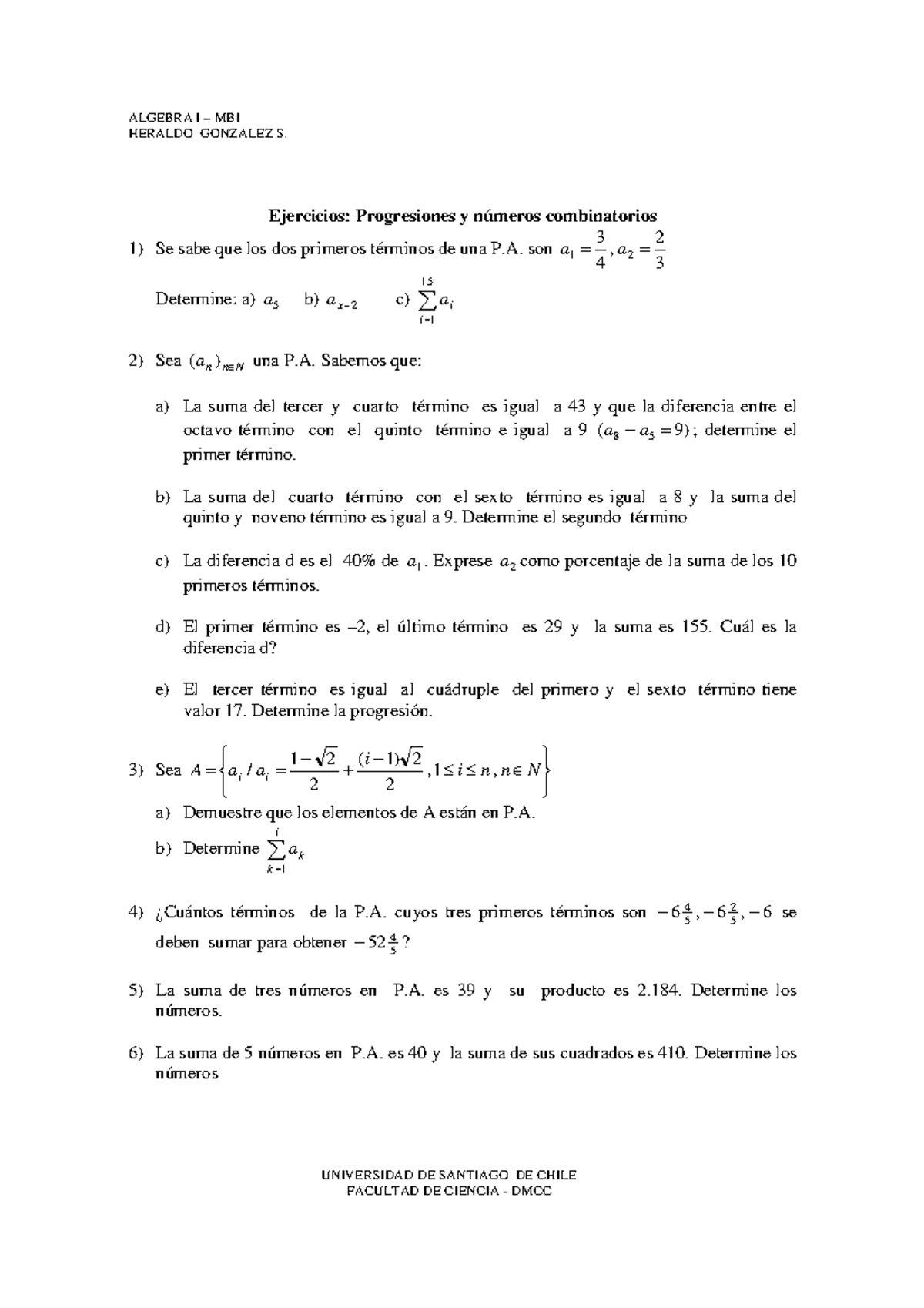 9 Ejercicios Progresiones y numeros combinatorios - HERALDO GONZALEZ S ...