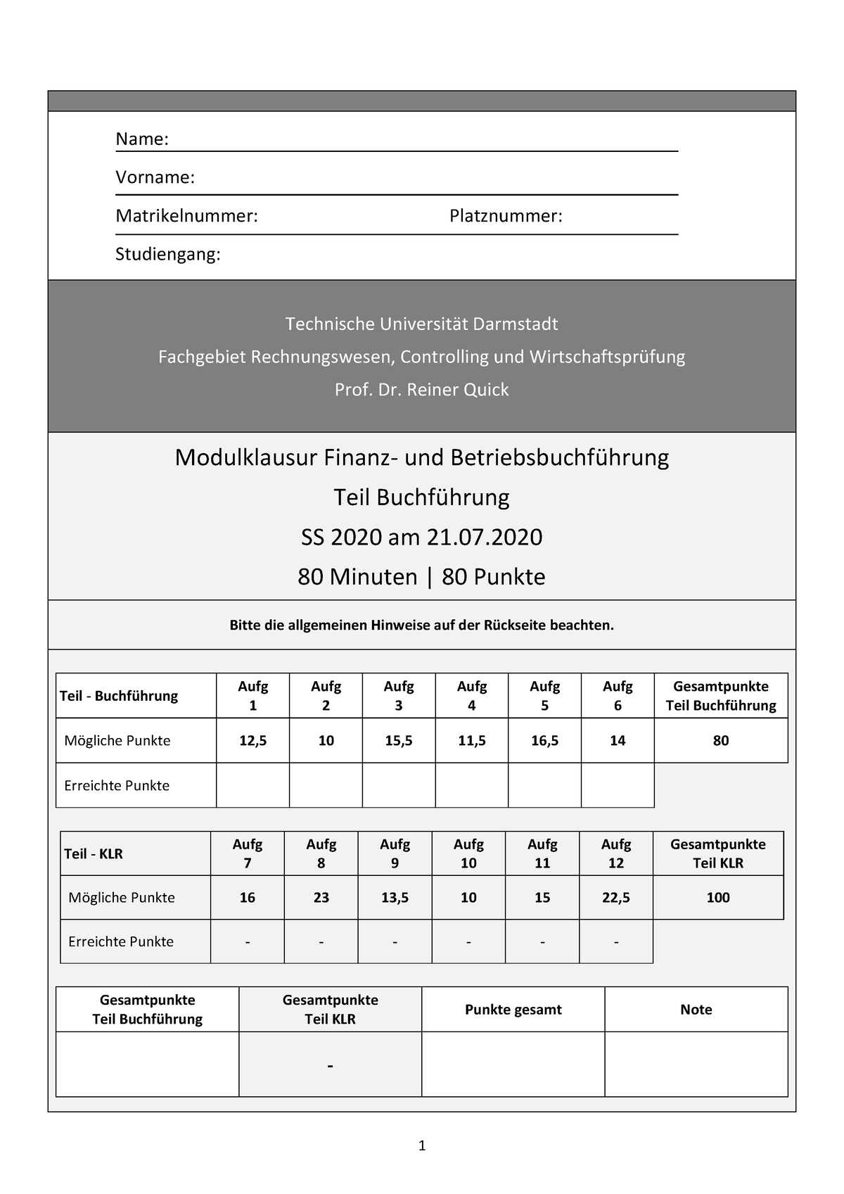 2020 Modulklausur Teil BF Lösungsskizze Buchführung - Name: Vorname ...