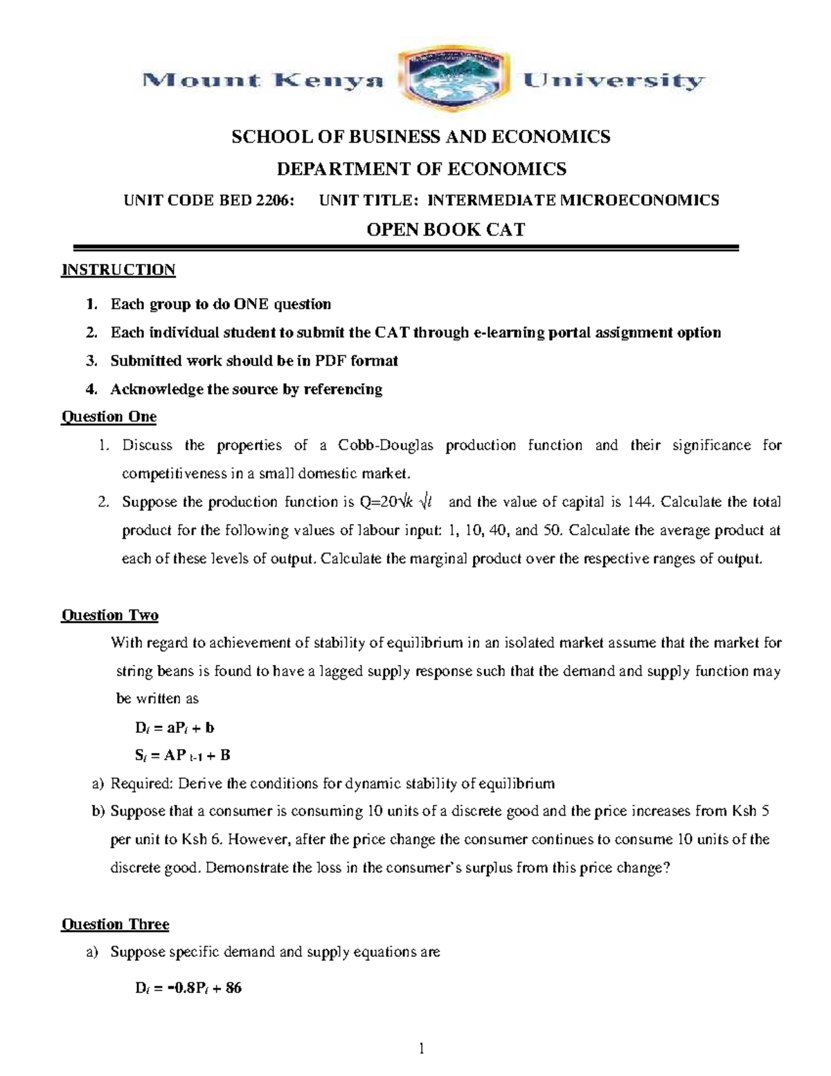 BED 2206 OPEN BOOK CAT for intermediate microeconomics - SCHOOL OF ...