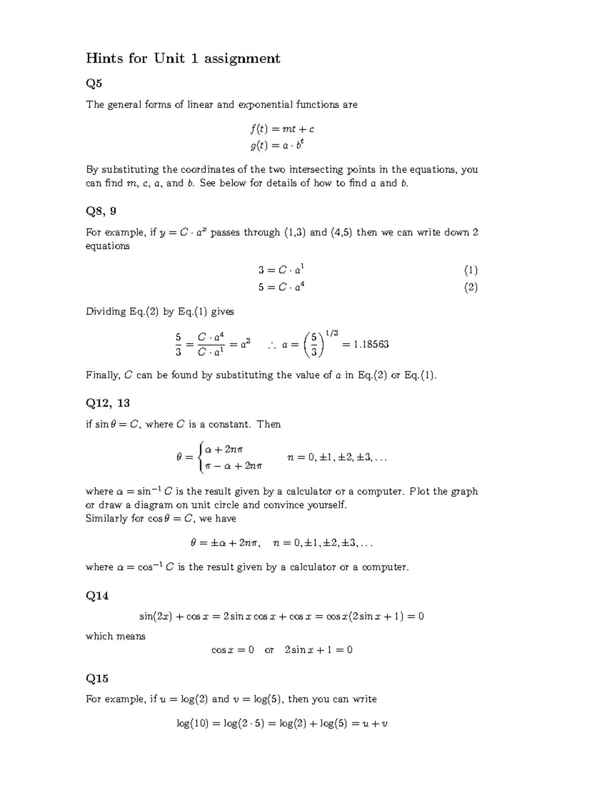 Hints Unit 1 - aaa - Hints for Unit 1 assignment Q The general forms of ...