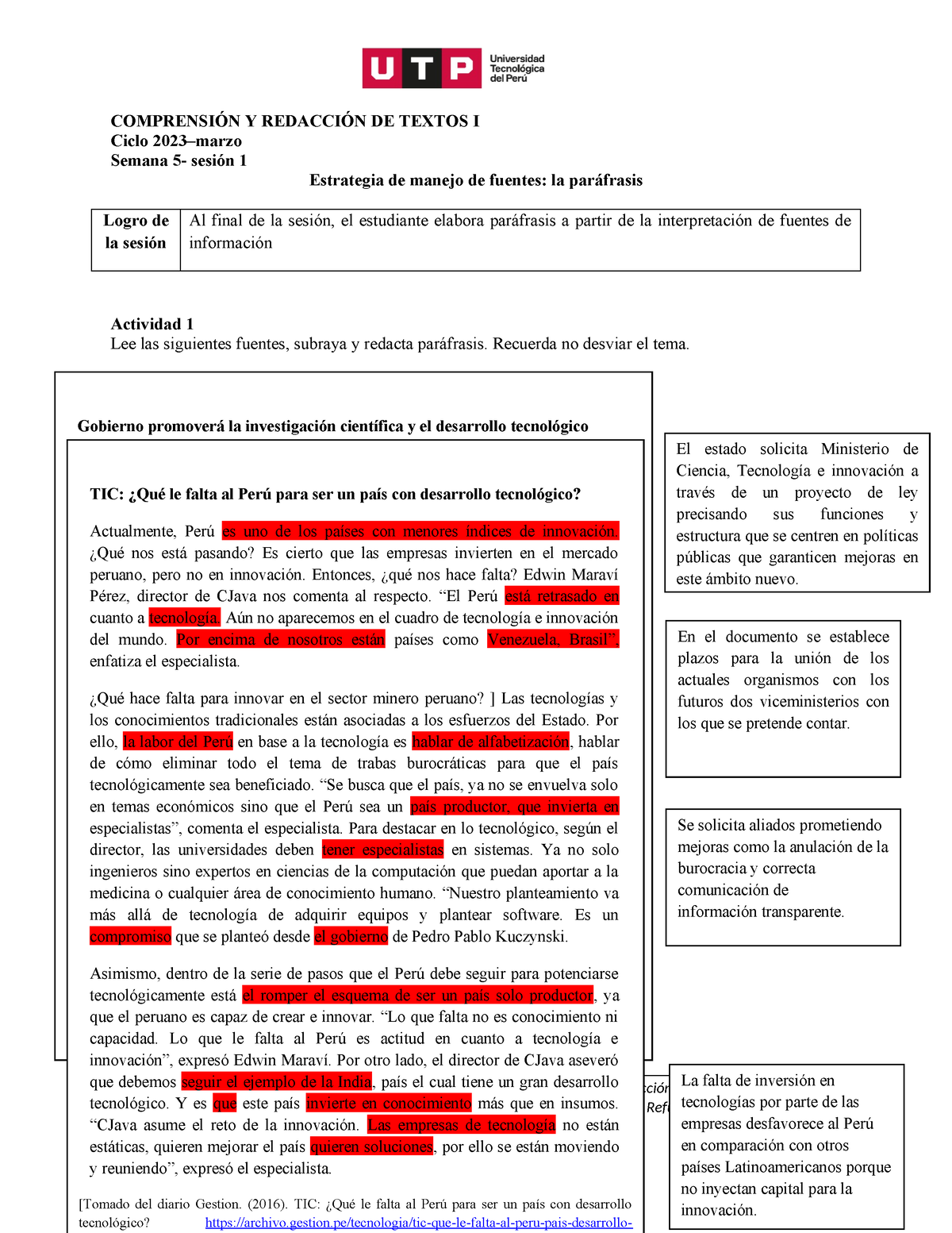 S05.s1 Estrategia De Manejo De Fuentes La Paráfrasis - COMPRENSIÓN Y ...