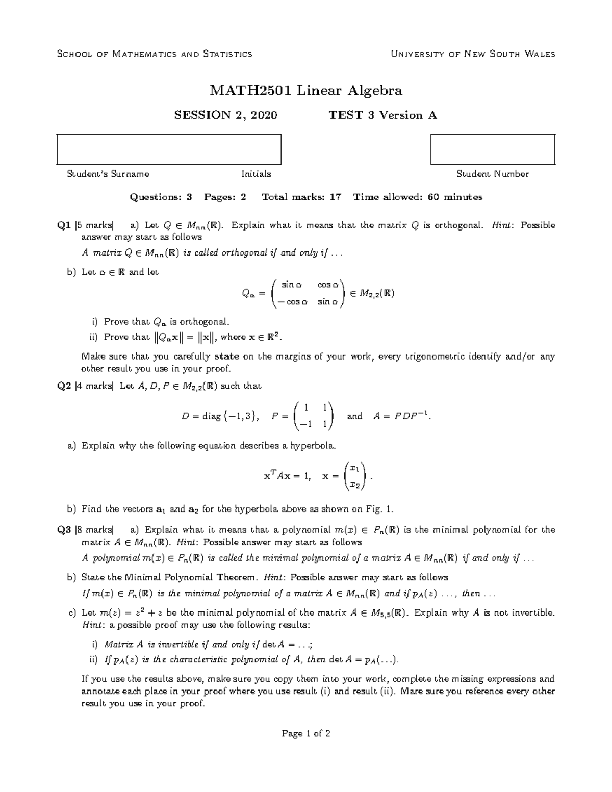 MATH2501 Linear Algebra Test 3 - Studocu