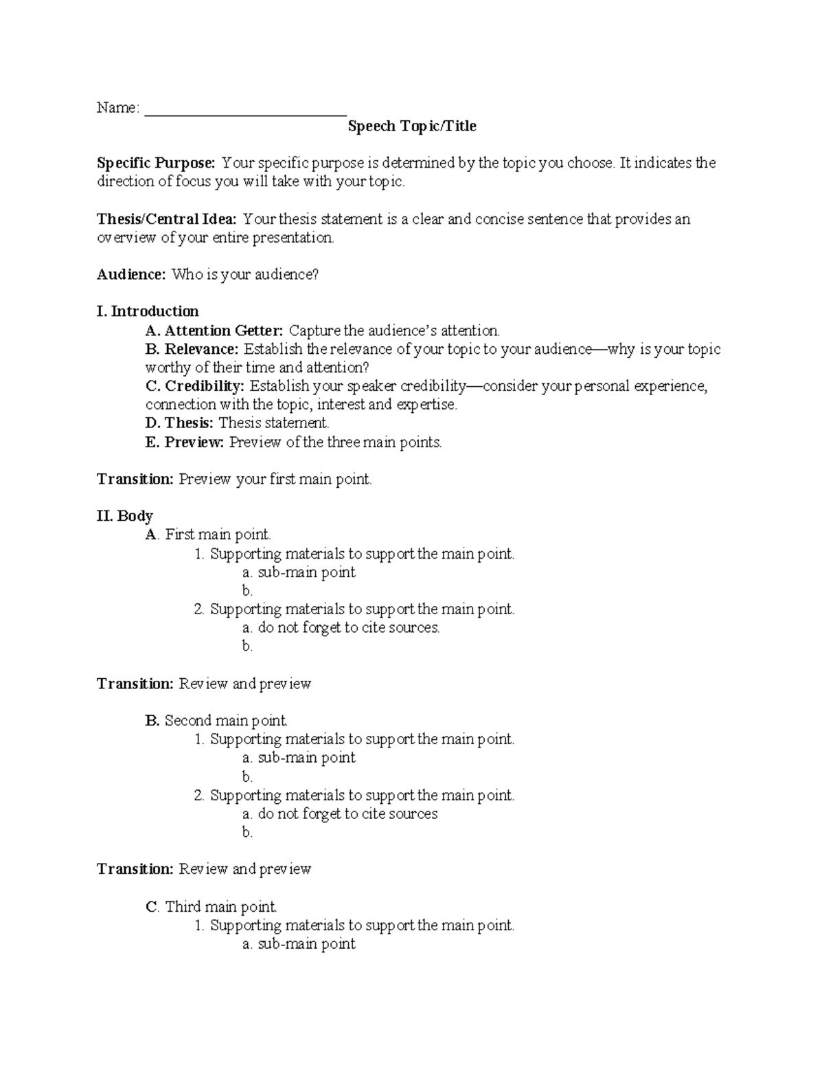 Speech Topic Outline Name Speech Topic