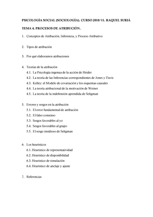 TEMA 4. Procesos DE Atribución psicología social - PSICOLOGÍA SOCIAL  (SOCIOLOGÍA). CURSO 2010/11. - Studocu