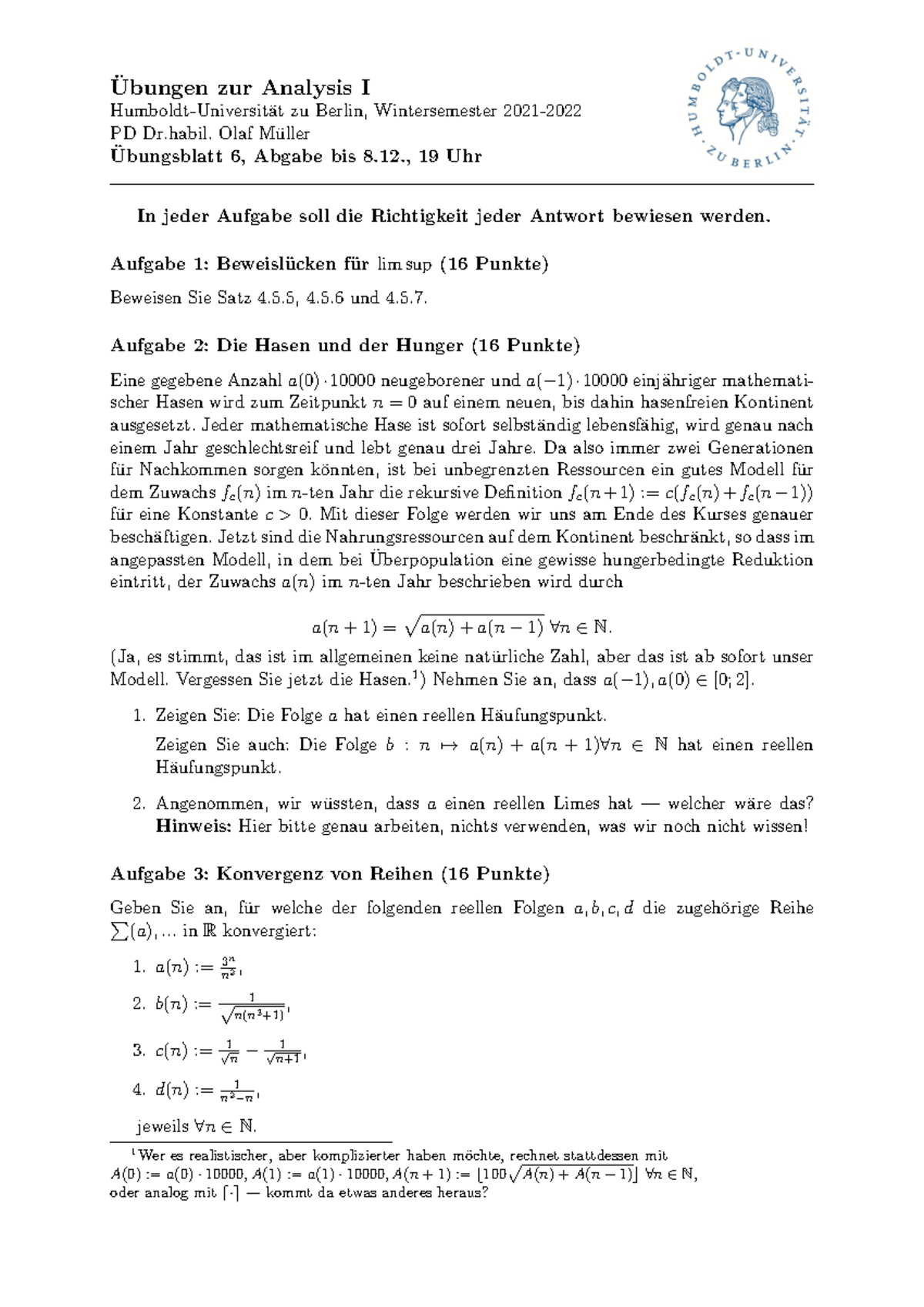 Analysis 1 Übungsblatt 6 Ubungen Zur Analysis I ̈ Humboldt Universit ̈at Zu Berlin