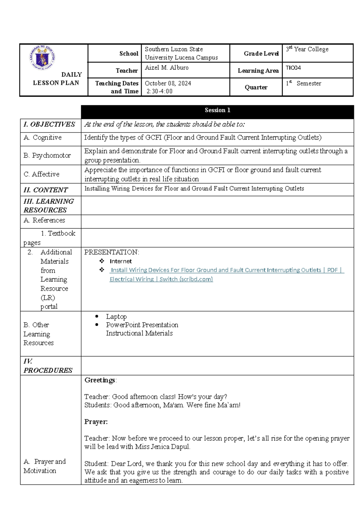 Lesson PLAN IN TIC04 - DAILY LESSON PLAN School Southern Luzon State ...