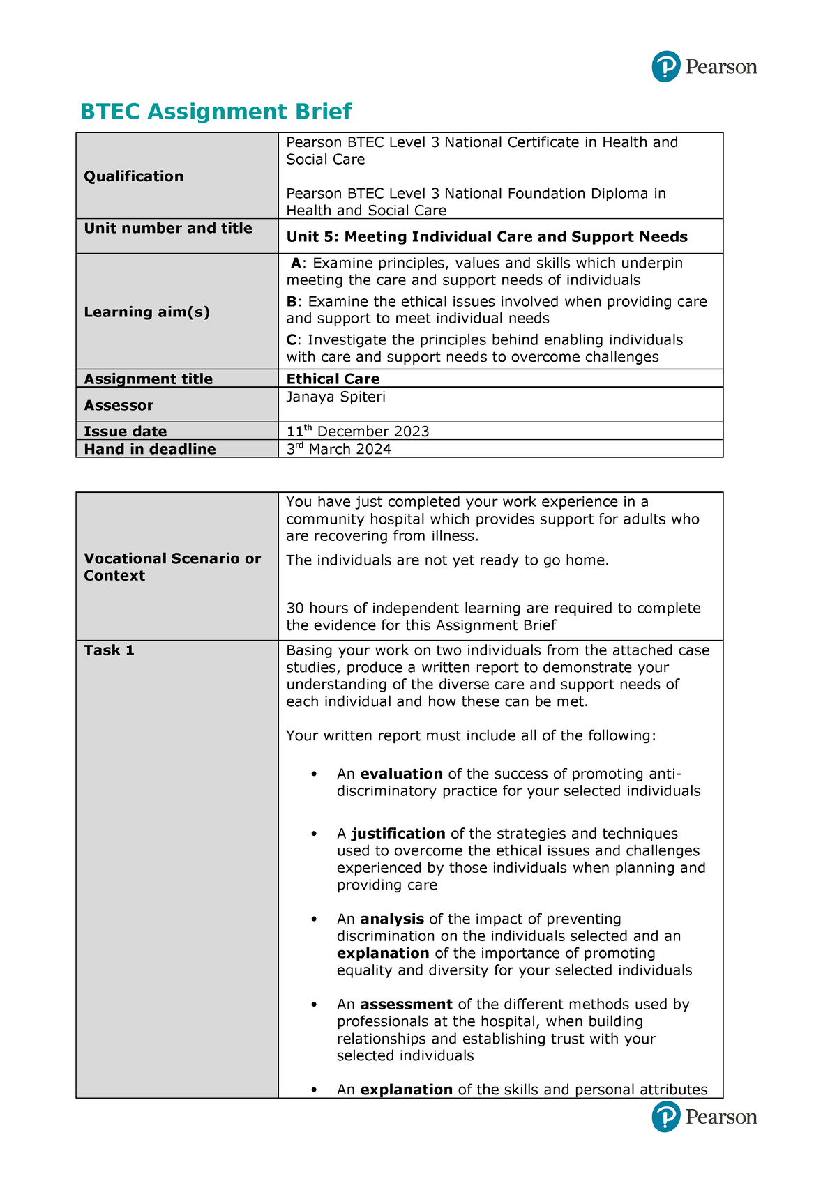 pearson btec assignment briefs