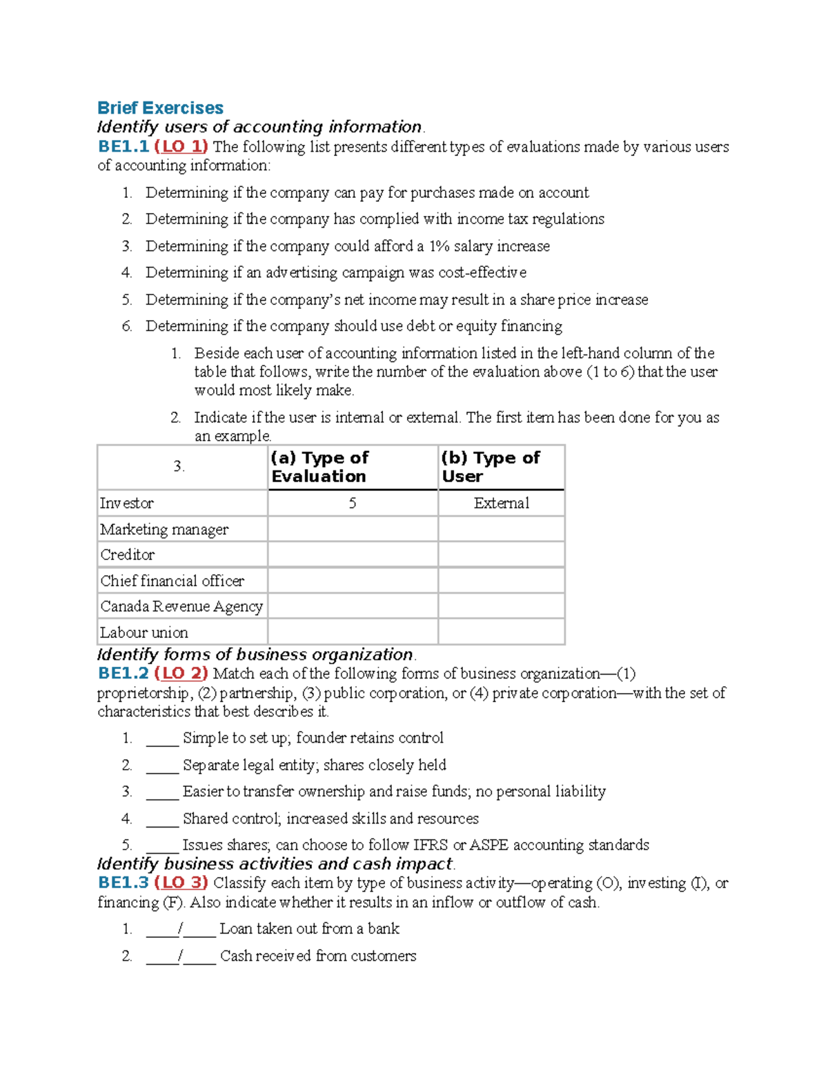 Brief Exercises - Brief Exercises Identify Users Of Accounting 