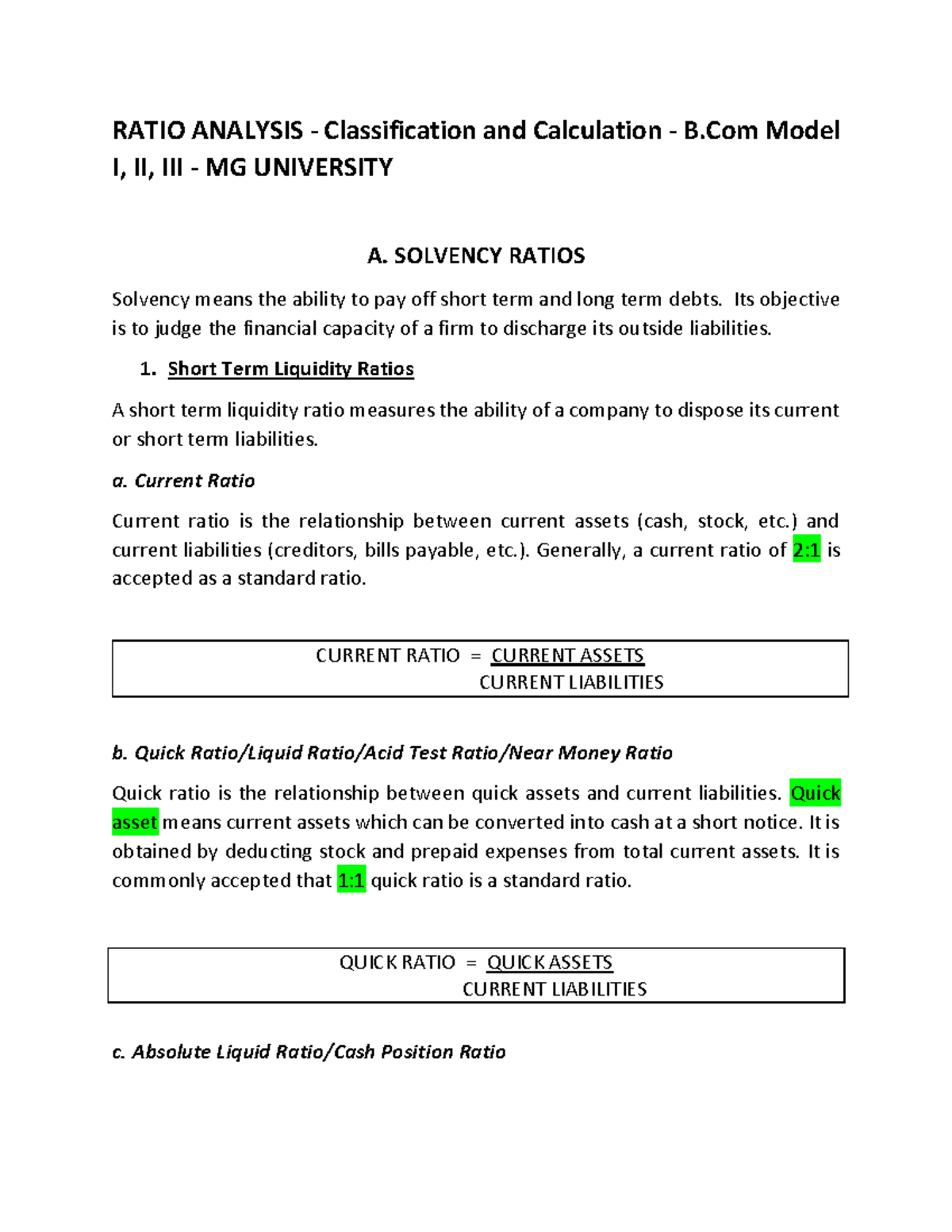 Management Accounting Ratio Analysis - RATIO ANALYSIS - Classification ...