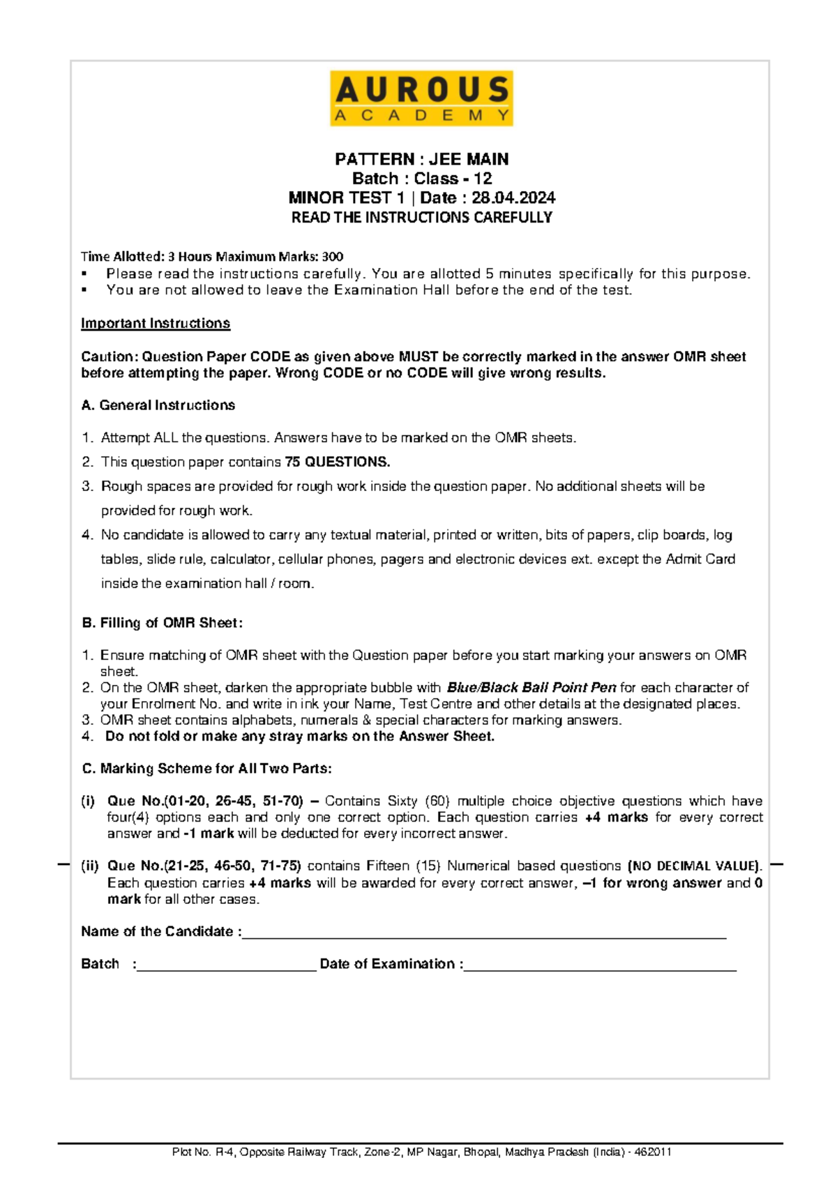 1 Minort Class XII 28 - ROUGH SPACE PATTERN : JEE MAIN Batch : Class ...