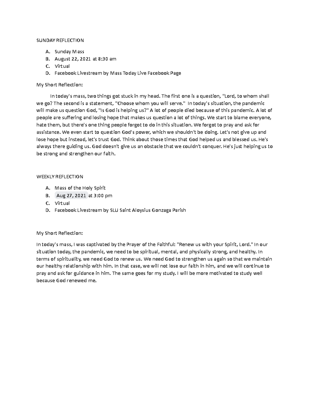 CFE 1 - REF - SUNDAY REFLECTION A. Sunday Mass B. August 22, 2021 at 8: ...