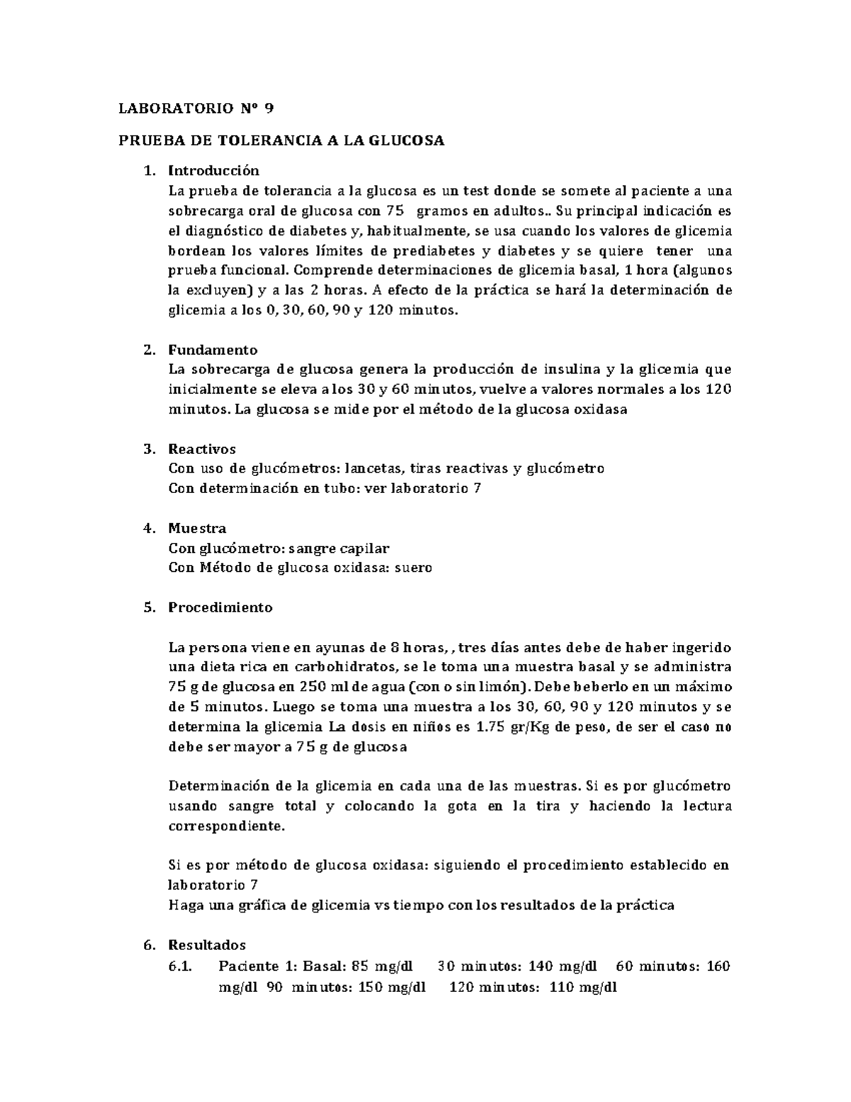 S1O Laboratorio - LABORATORIO N° 9 PRUEBA DE TOLERANCIA A LA GLUCOSA 1 ...