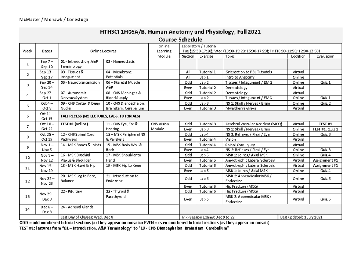 Hthsci 1H06 Course Schedule Fall 2021 - McMaster / Mohawk / Conestoga ...