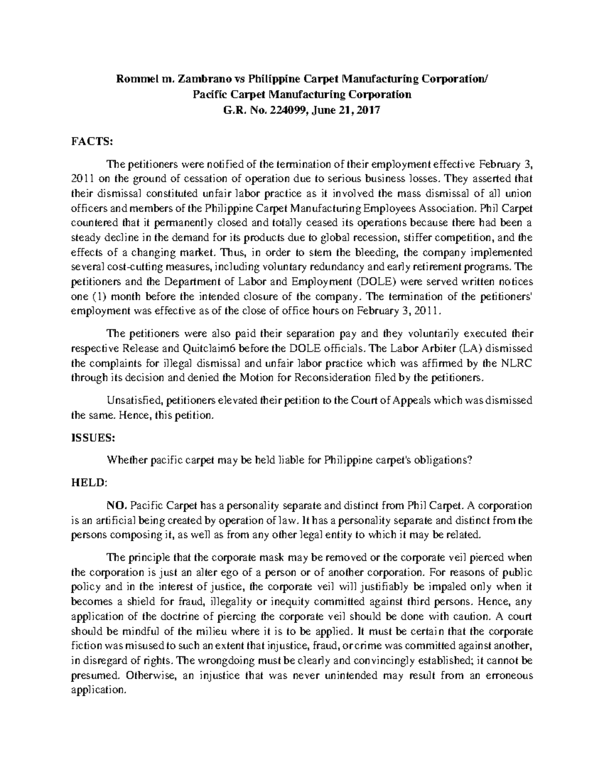 Zambrabo VS PHIL Carpet Rommel m. Zambrano vs Philippine Carpet