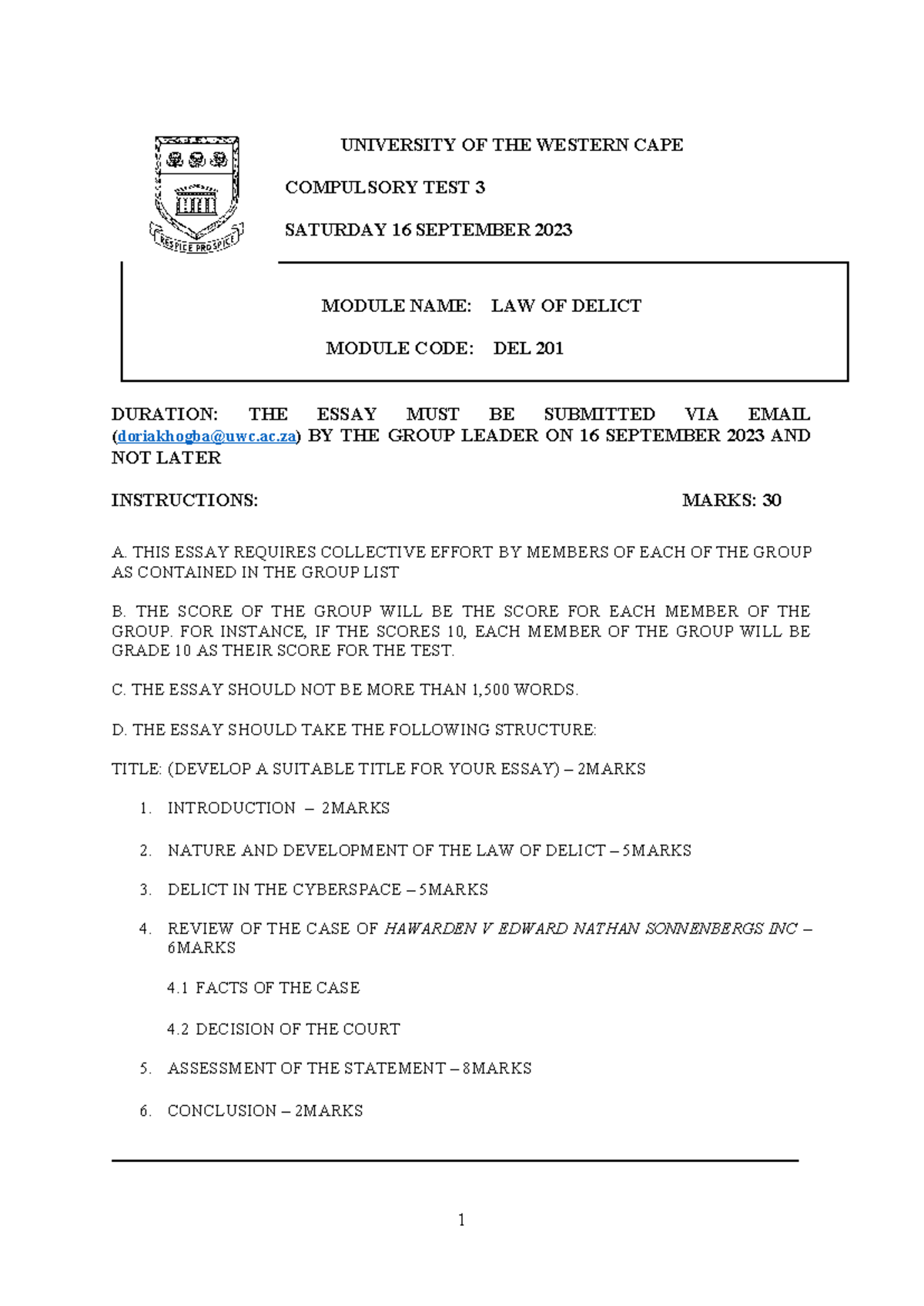 DEL 201 TEST3 GRP Essay - UNIVERSITY OF THE WESTERN CAPE COMPULSORY ...