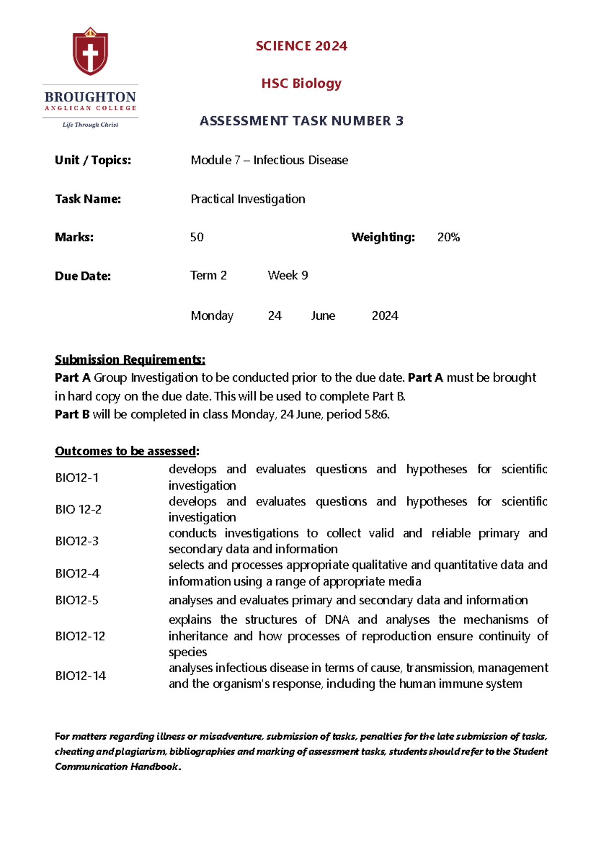 HSC Biology Task 3 Notification - SCIENCE 2024 HSC Biology ASSESSMENT ...