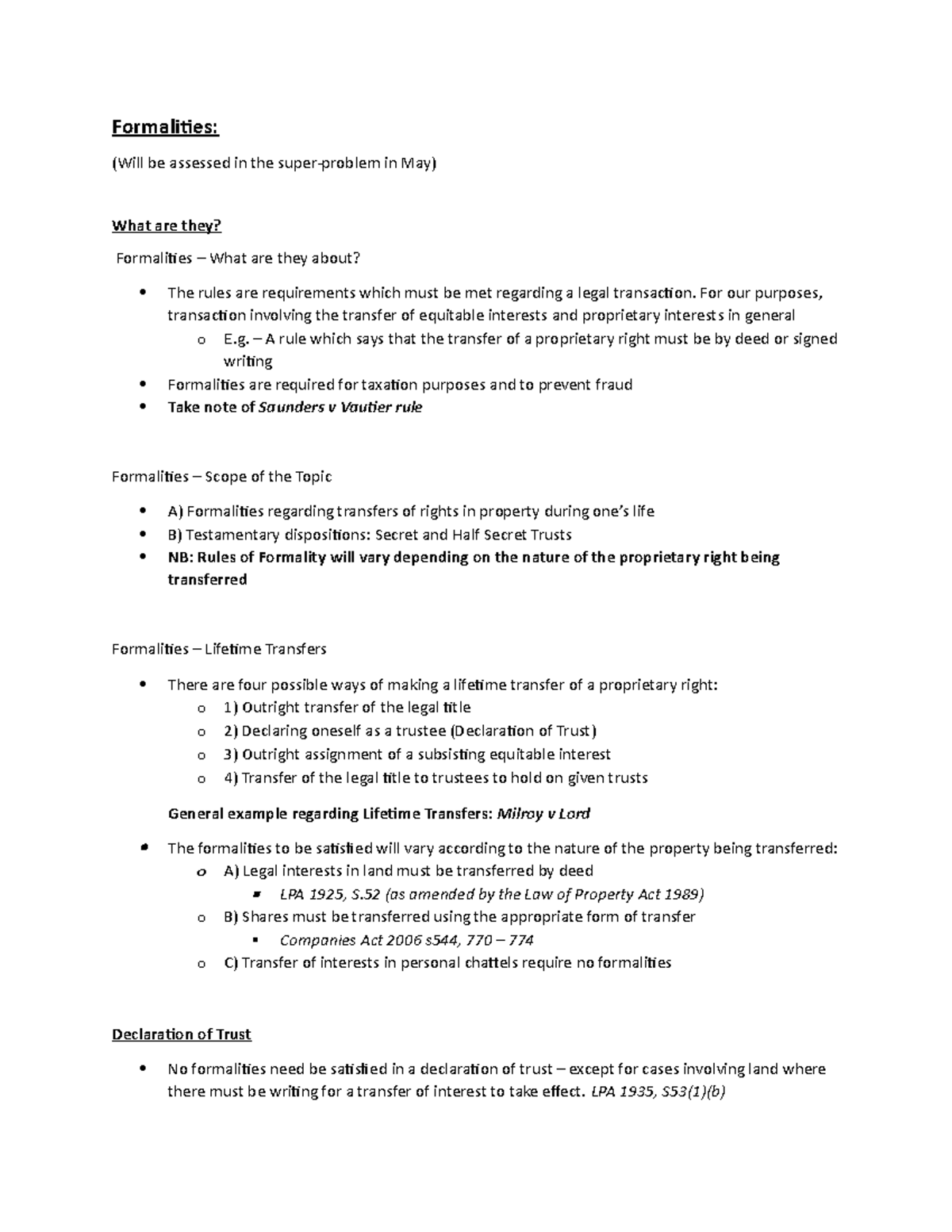 Formalities & Constitution of Trusts - Formalities: (Will be assessed ...