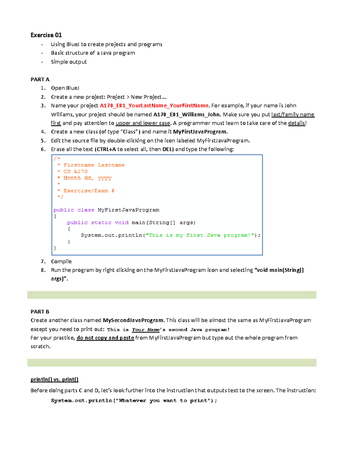 Exercise 01 - My First Java Program - Exercise 01 Using BlueJ To Create ...