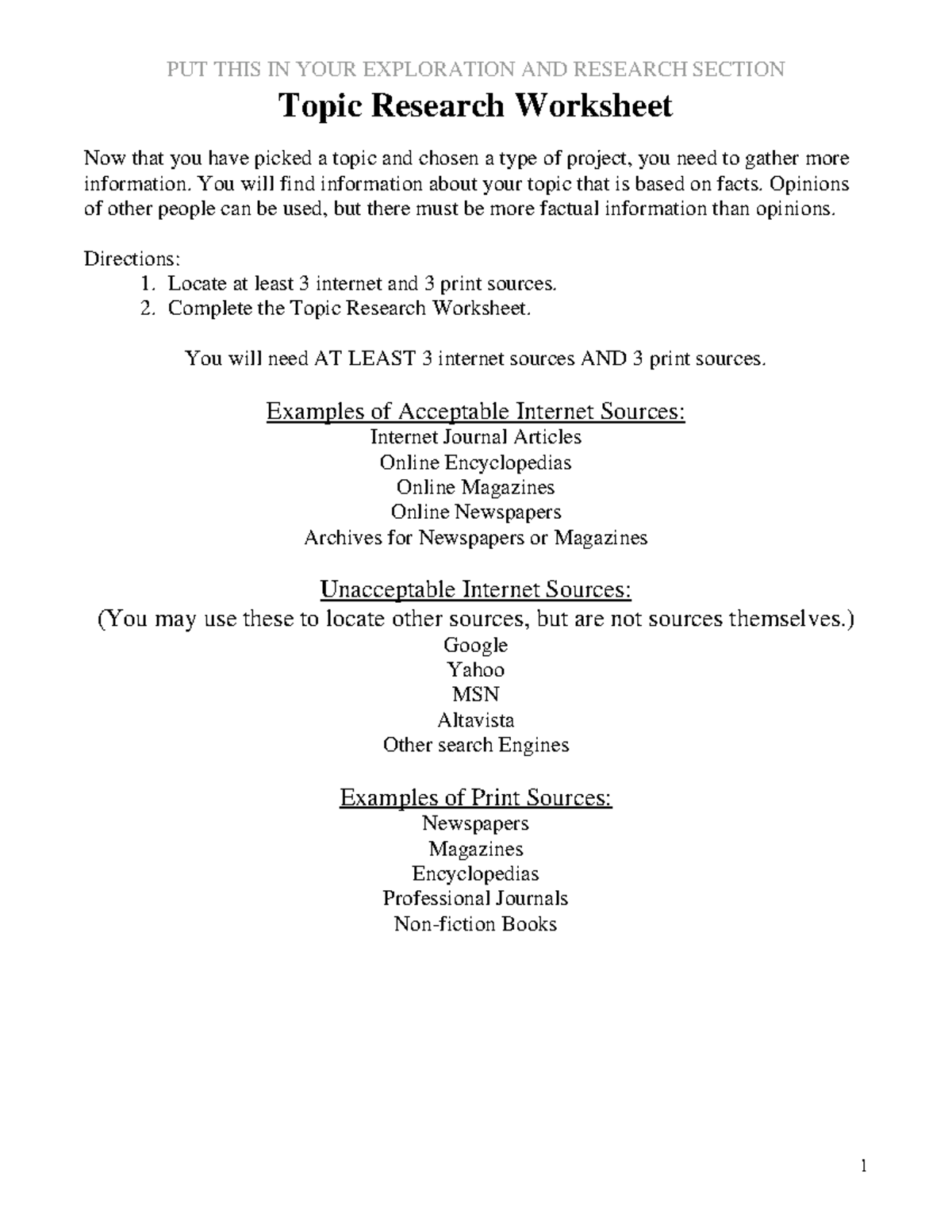 Topic Research Worksheet - You will find information about your topic ...