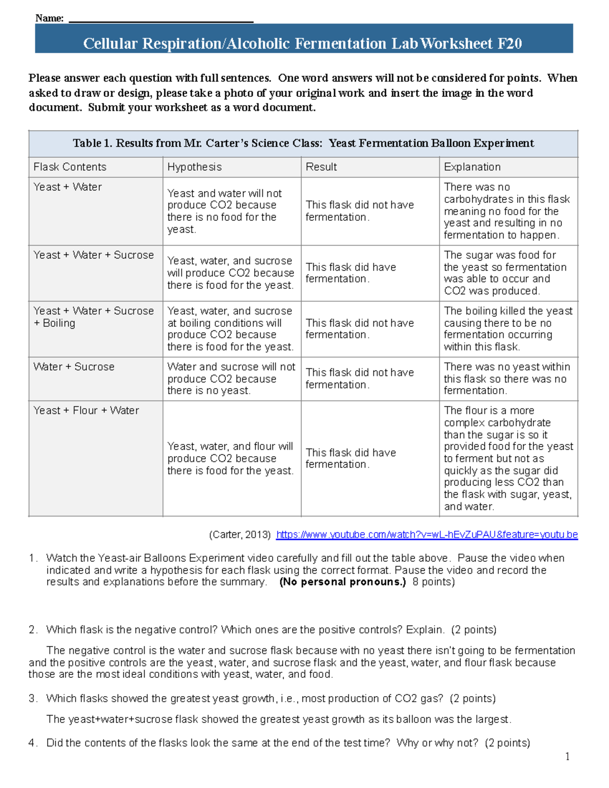 6 Fermentation Worksheet F20 3 Name Cellular Respiration Alcoholic 