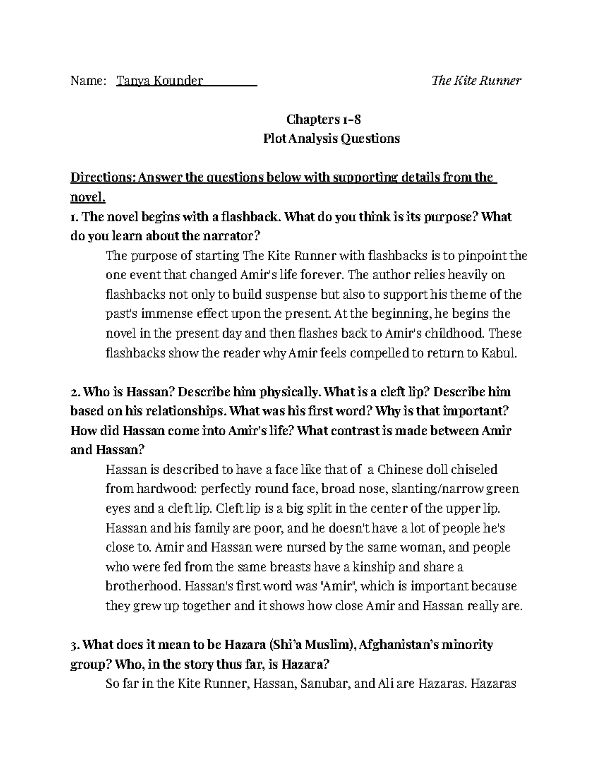 The Kite Runner Summary Questions page one to hundred Name Tanya
