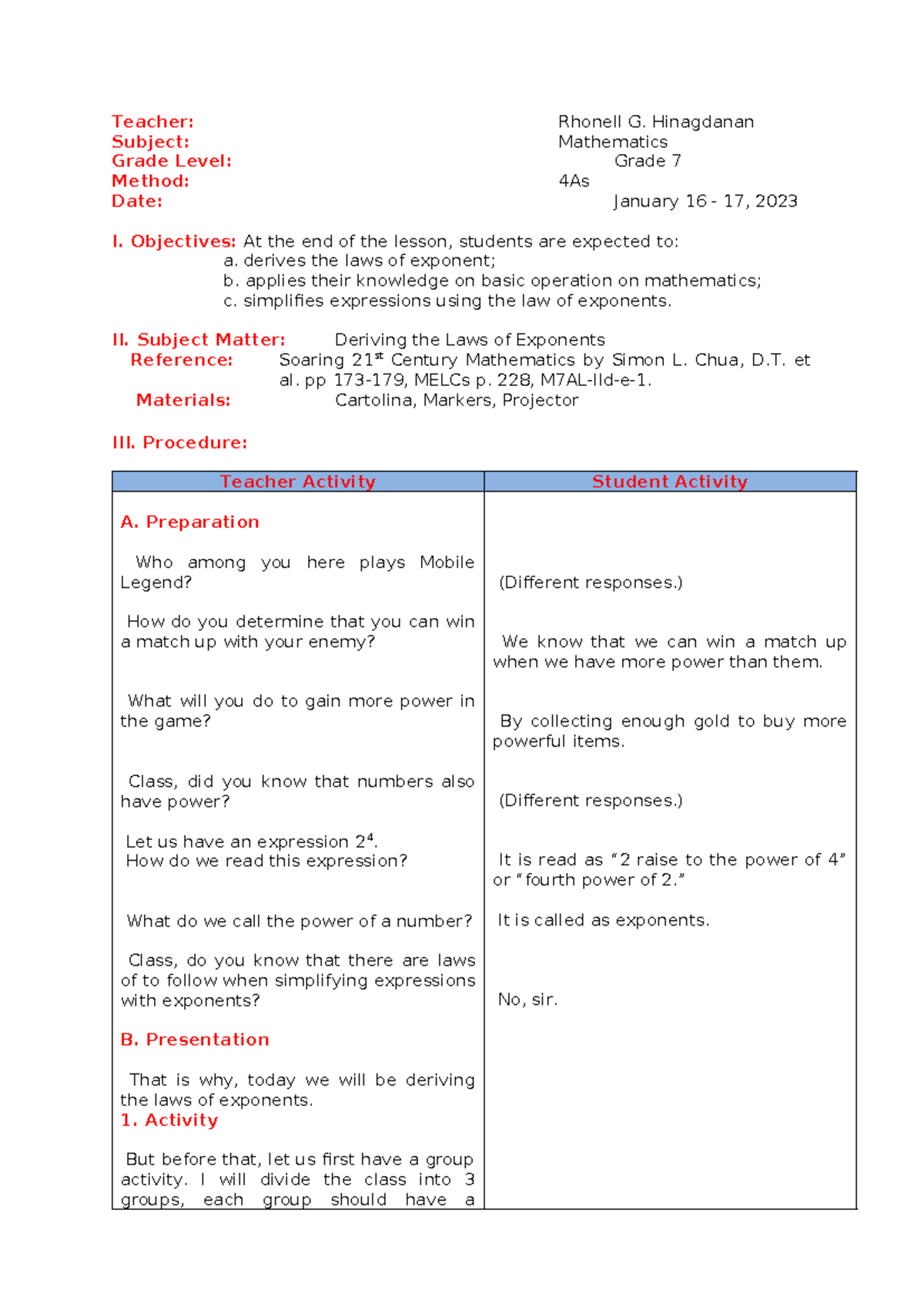 Q2-W5-L1 - Teacher: Rhonell G. Hinagdanan Subject: Mathematics Grade ...