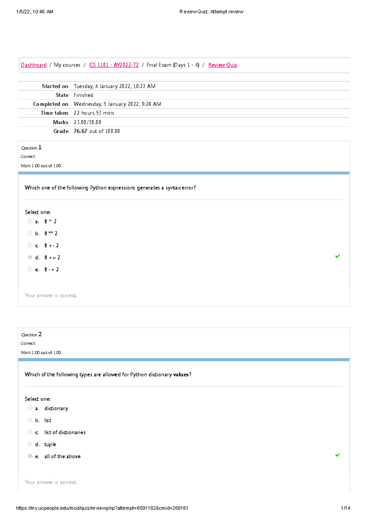 CS 1101 UNIT 9 Review QUIZ - Started On Tuesday, 4 January 2022, 10:27 ...