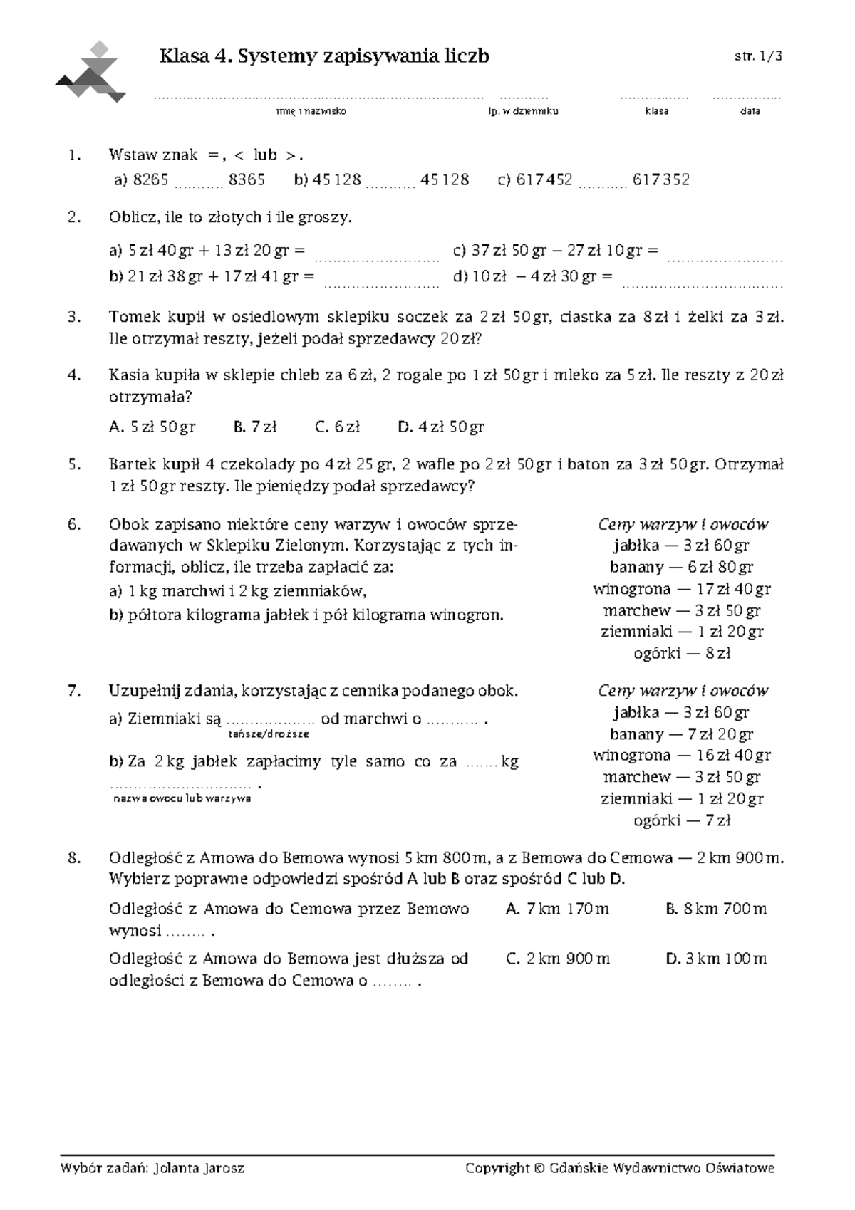 Sprawdzian System Zapisywania Liczb Klasa 4