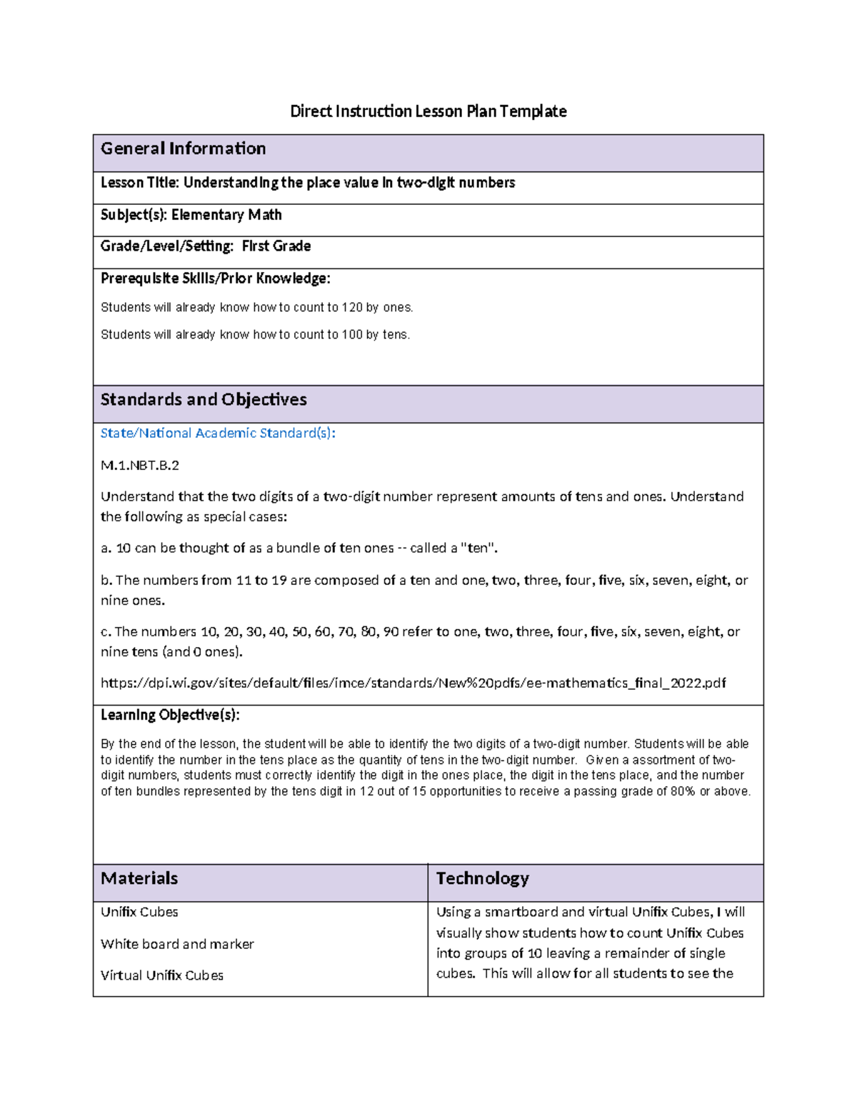 Task 2 Lesson Plans - Direct Instruction Lesson Plan Template General ...