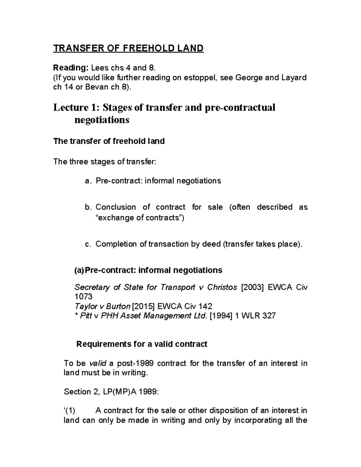 Lecture Outline Transfer Freehold Land TRANSFER OF FREEHOLD LAND