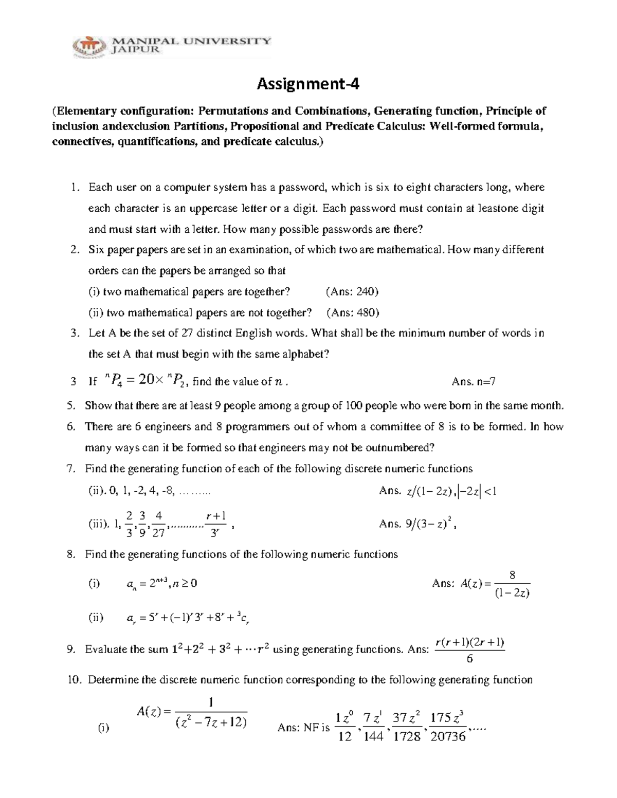 Assignment -4 - Assignment- 4 (Elementary configuration: Permutations ...