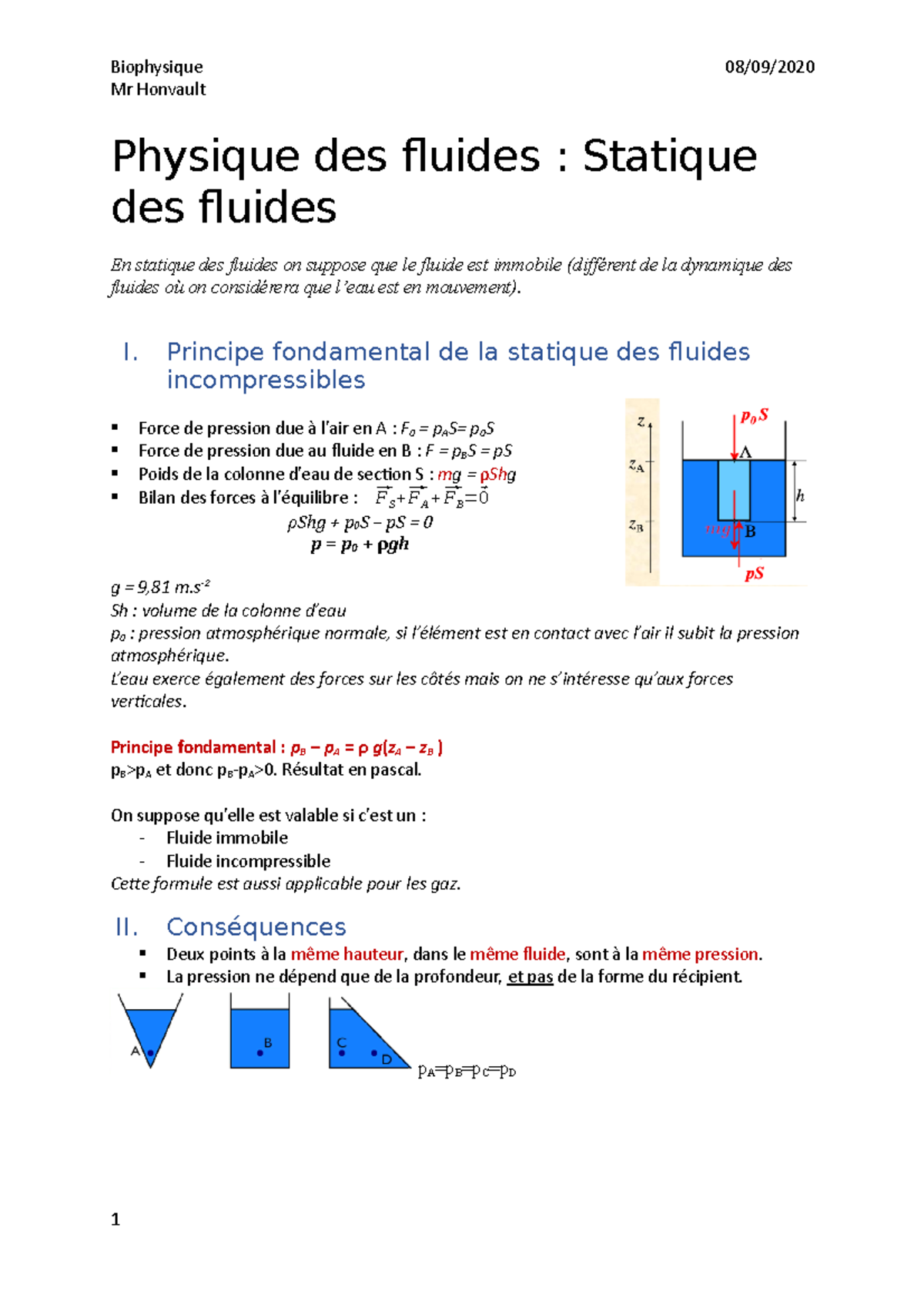 Statique Des Fluides - Notes De Cours 1.2 - Mr Honvault Physique Des ...