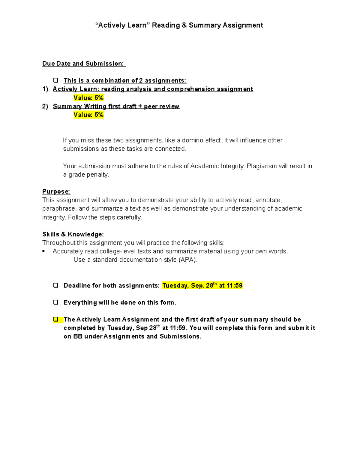 Actively Learn+ summary first draft assignment - Due Date and ...