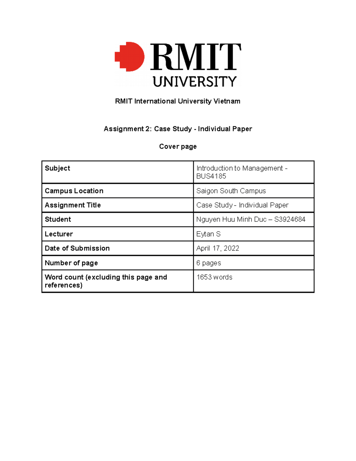 Assignment 2 Introduction to management - RMIT International University ...