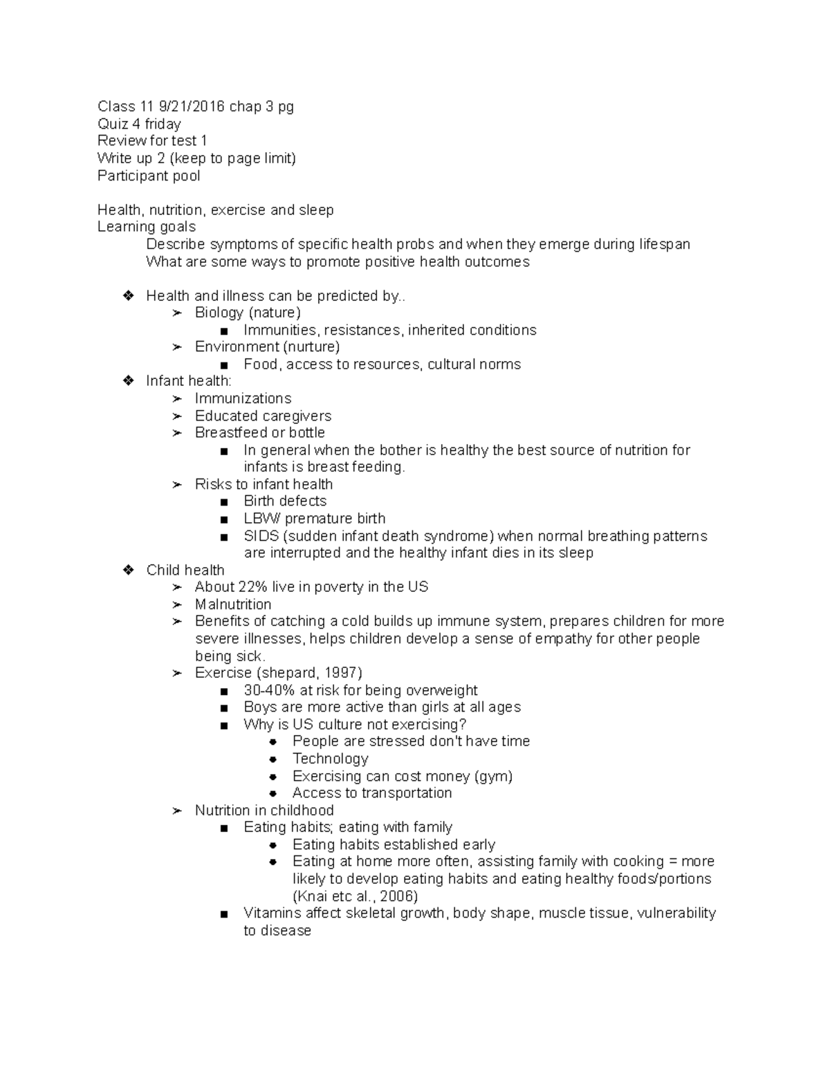 Class 11 notes Health, nutrition, exercise and sleep - Class 11 9/21 ...