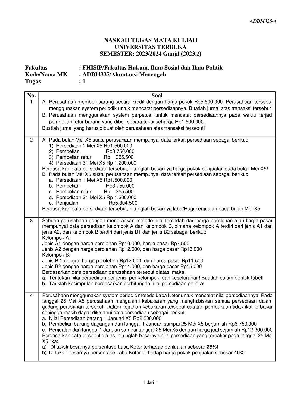 Soal Adbi4335 Tmk1 4 - ADBI4335- 4 1 Dari 1 NASKAH TUGAS MATA KULIAH ...