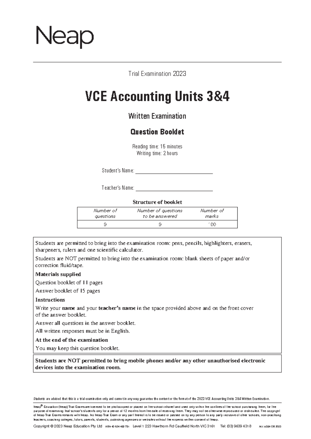 2023 neap units 3 4 - A neap practice exam - Trial Examination 2023 VCE ...