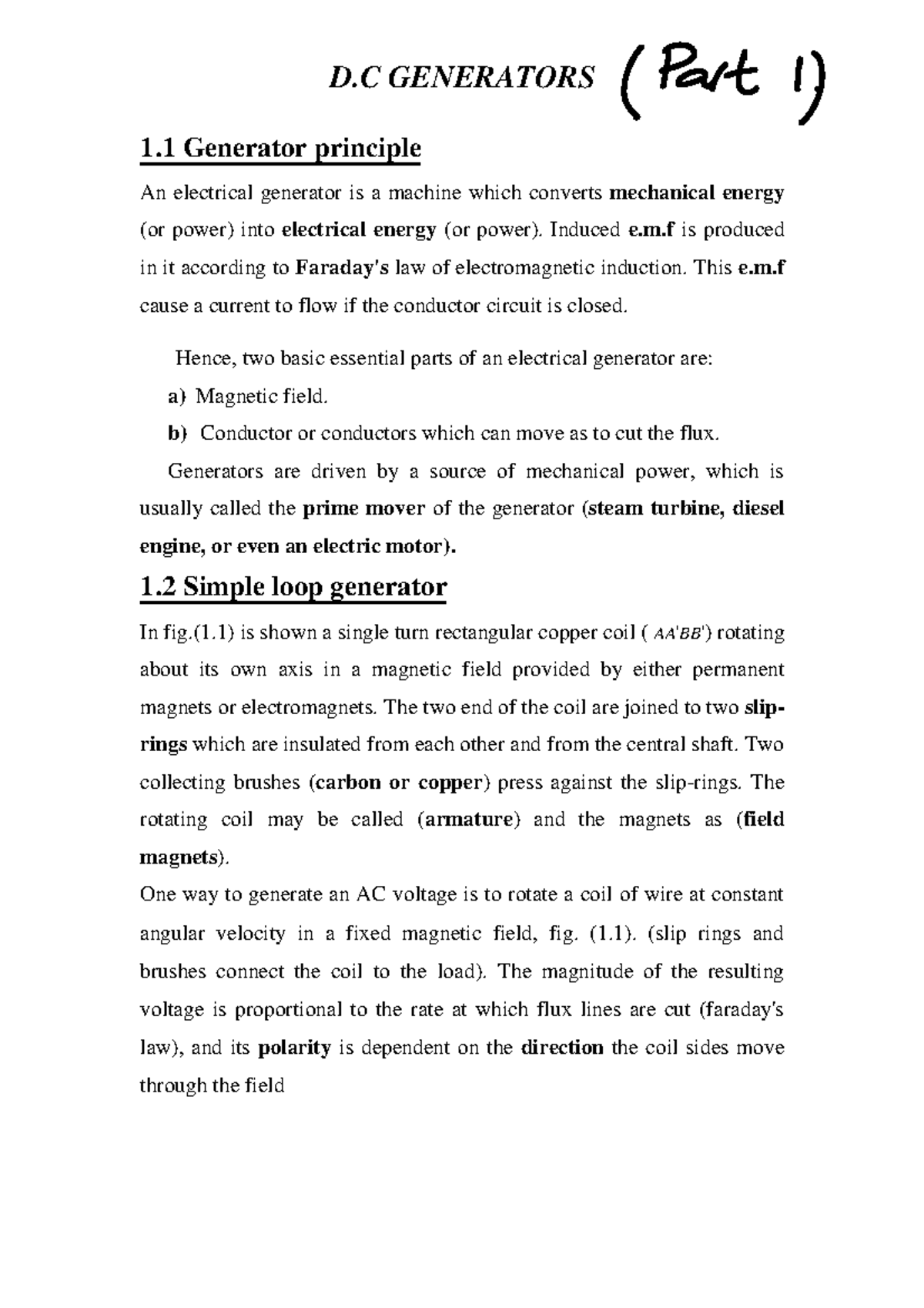 2 3 DC Generator Part 1 Notes D GENERATORS 1 U Generator principle