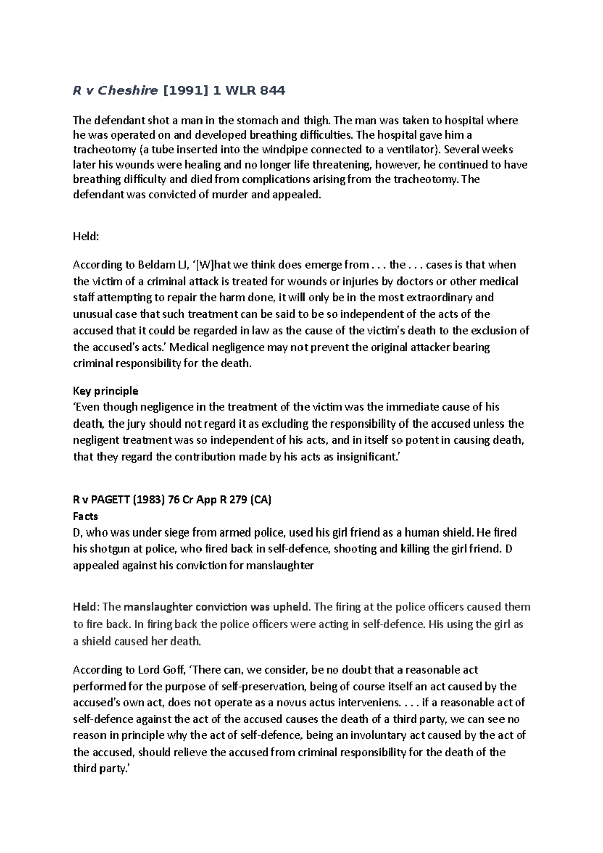 Seminar 5 non fatal offences cases R v Cheshire [1991] 1 WLR 844 The