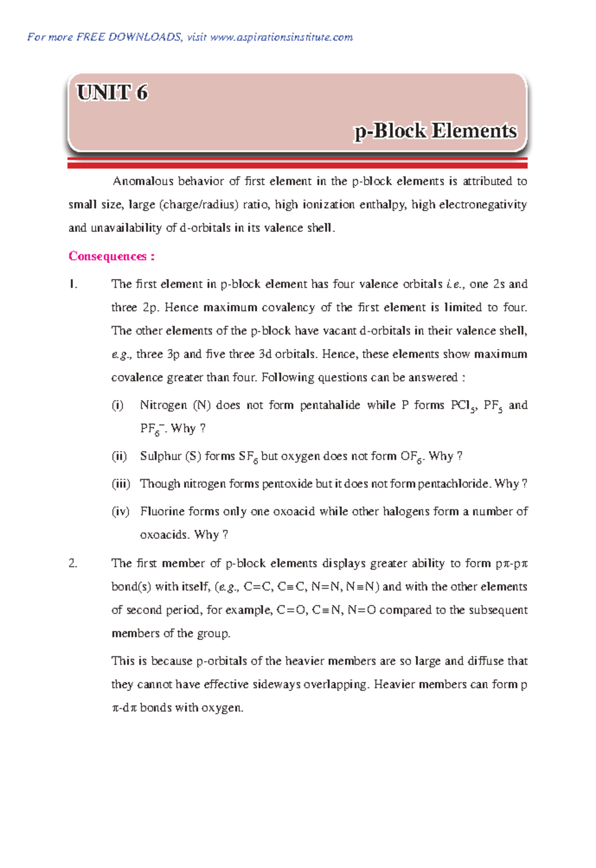CBSE Class 12 Chem Notes Question Bank p Block Elements PDF - p-Block ...