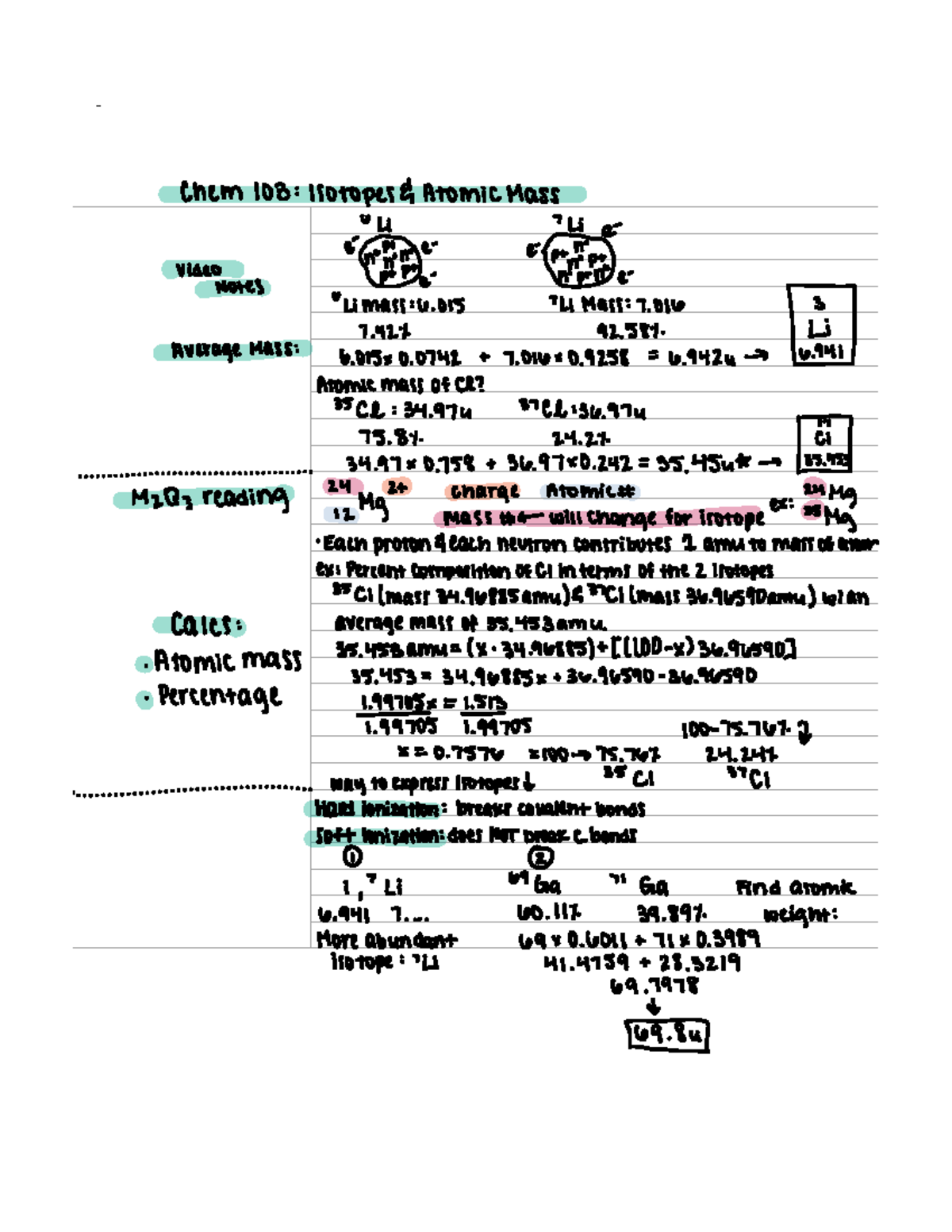 Chem Pre Work Notes - Chem 103 Isotopes Atomic Mass Li Li e i Limass 6 ...