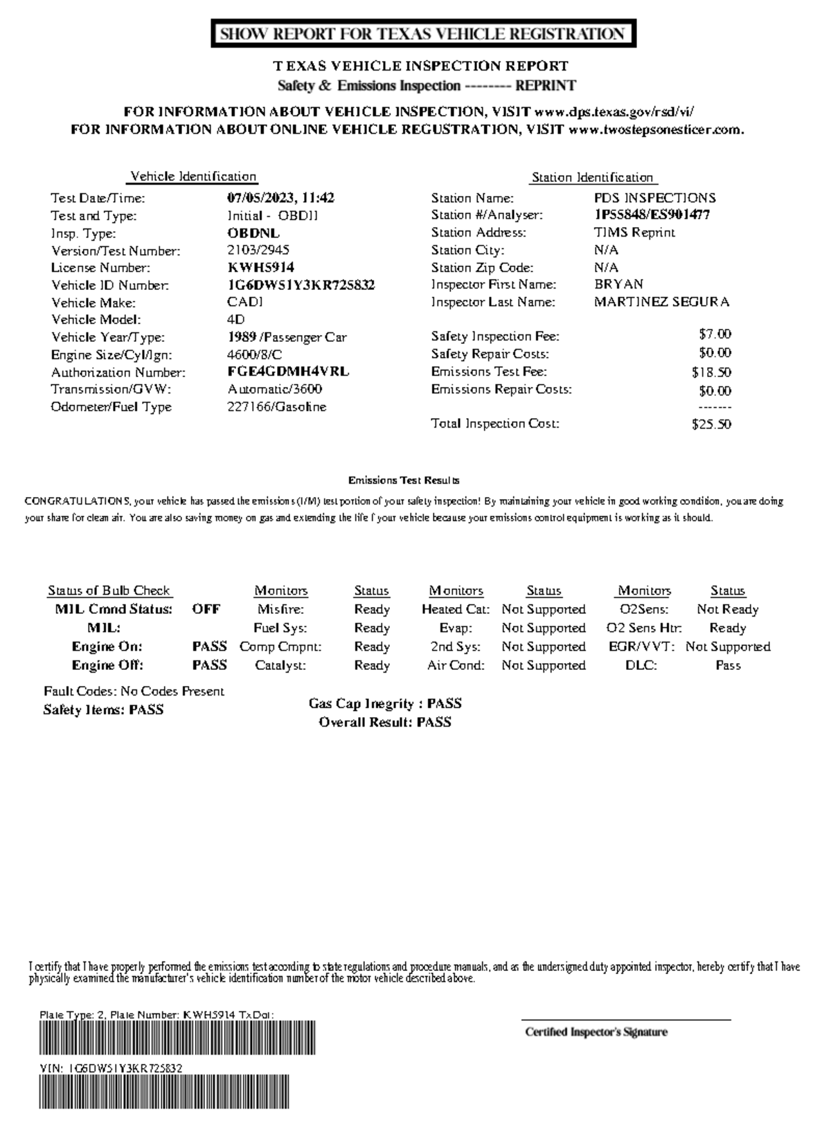 First Passed Inspection Report - Gas Cap Inegrity : Pass Overall Result 