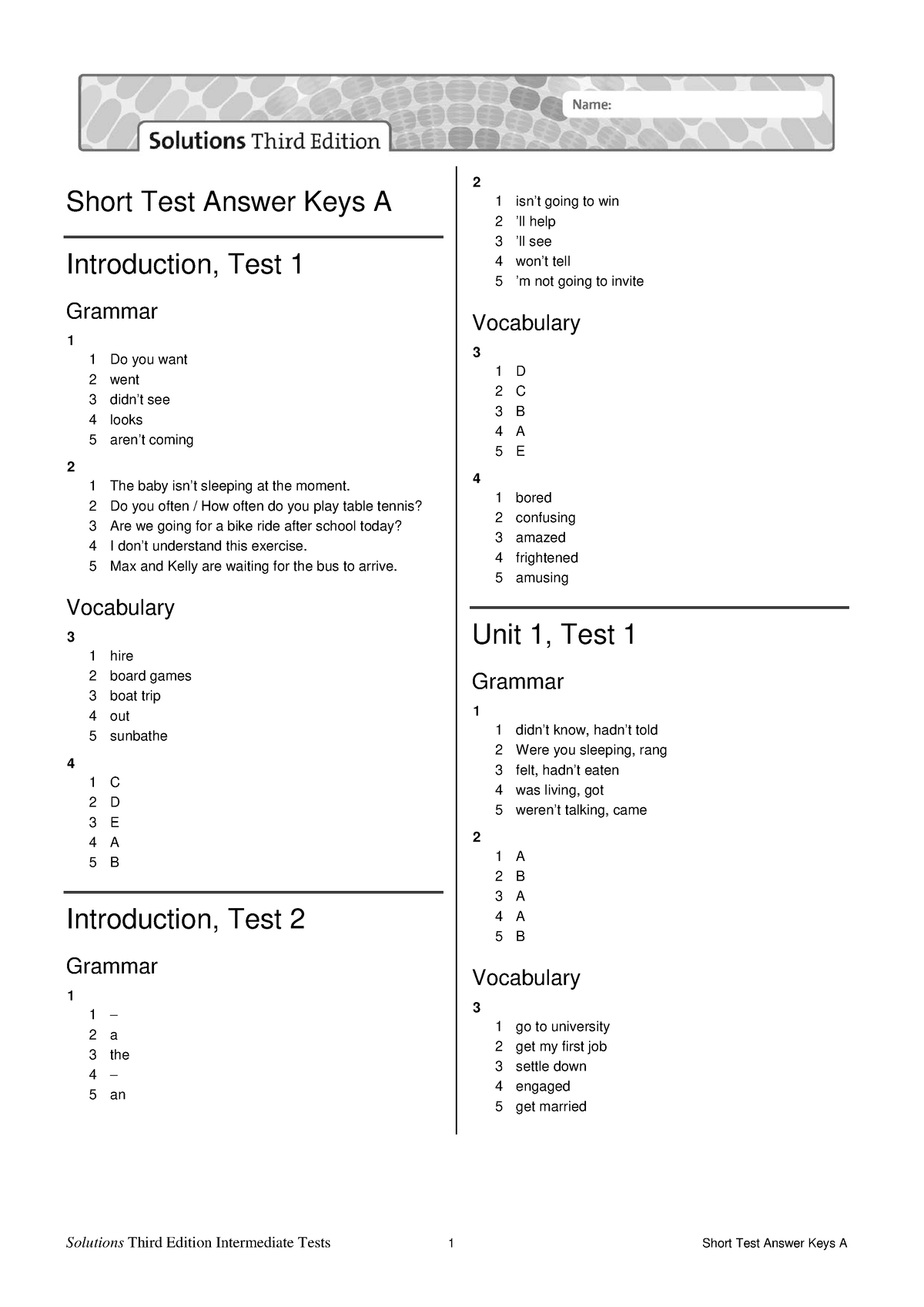 Sol3e int short test answer keys a - Short Test Answer Keys A Introduction,  Test 1 Grammar 1 1 Do - Studocu